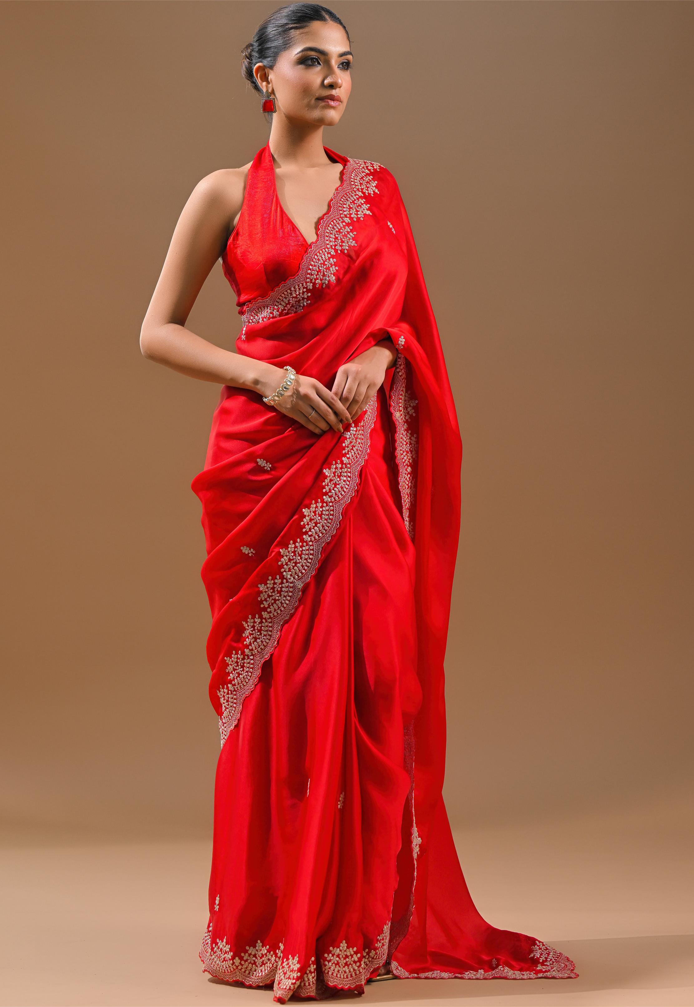 Hot Red Embellished Butter Silk Saree