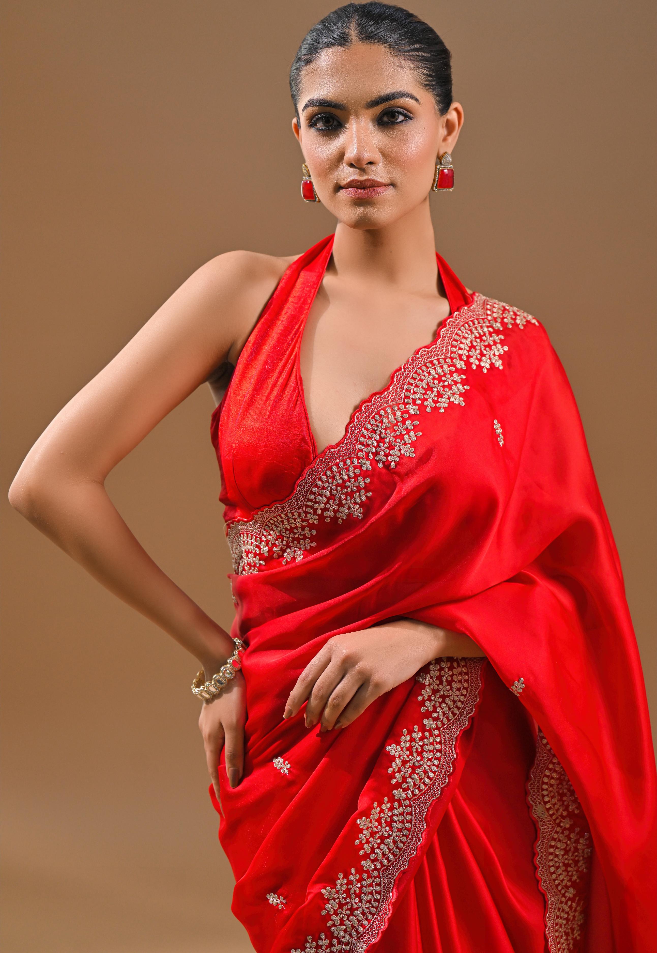 Hot Red Embellished Butter Silk Saree