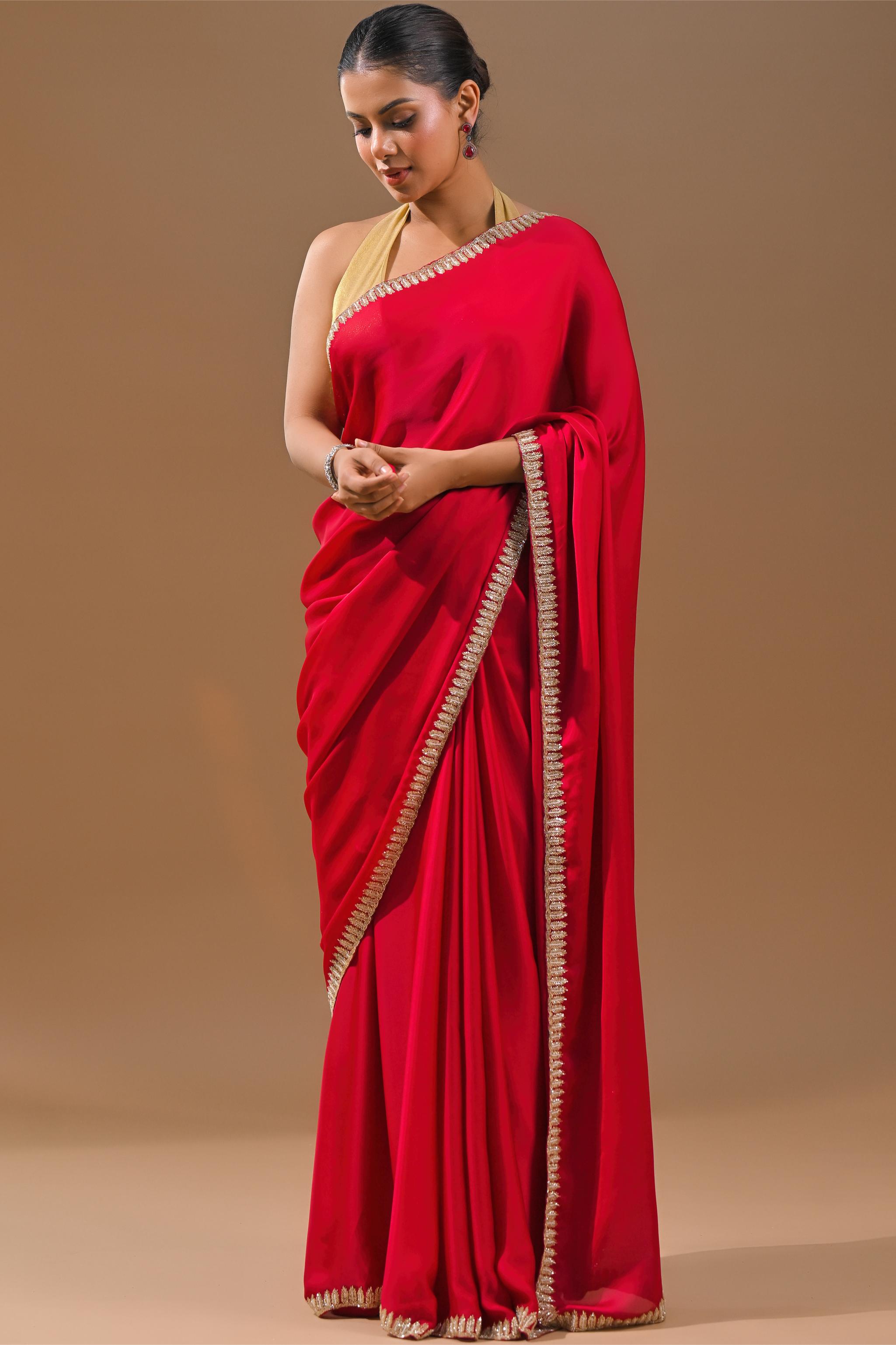 Red Embellished Satin Silk Saree
