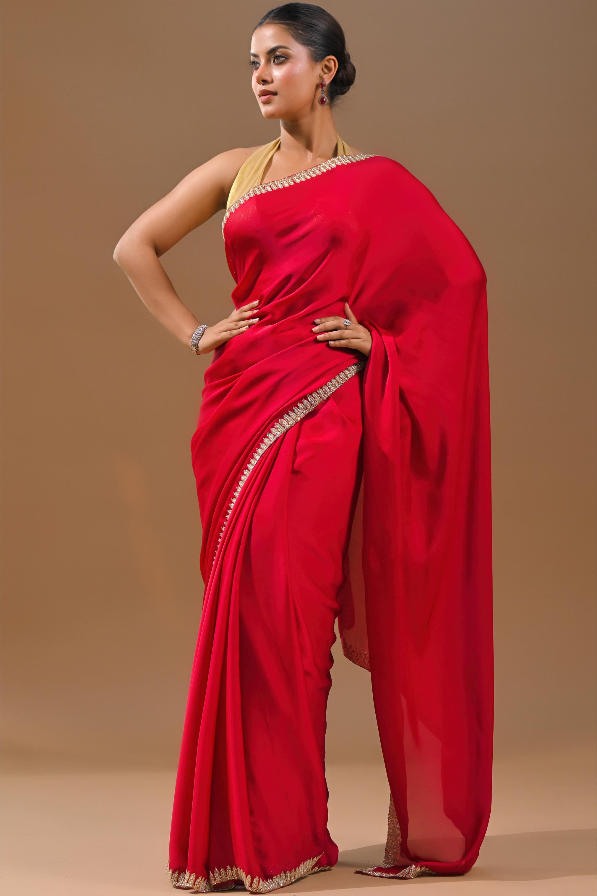 Red Embellished Satin Silk Saree