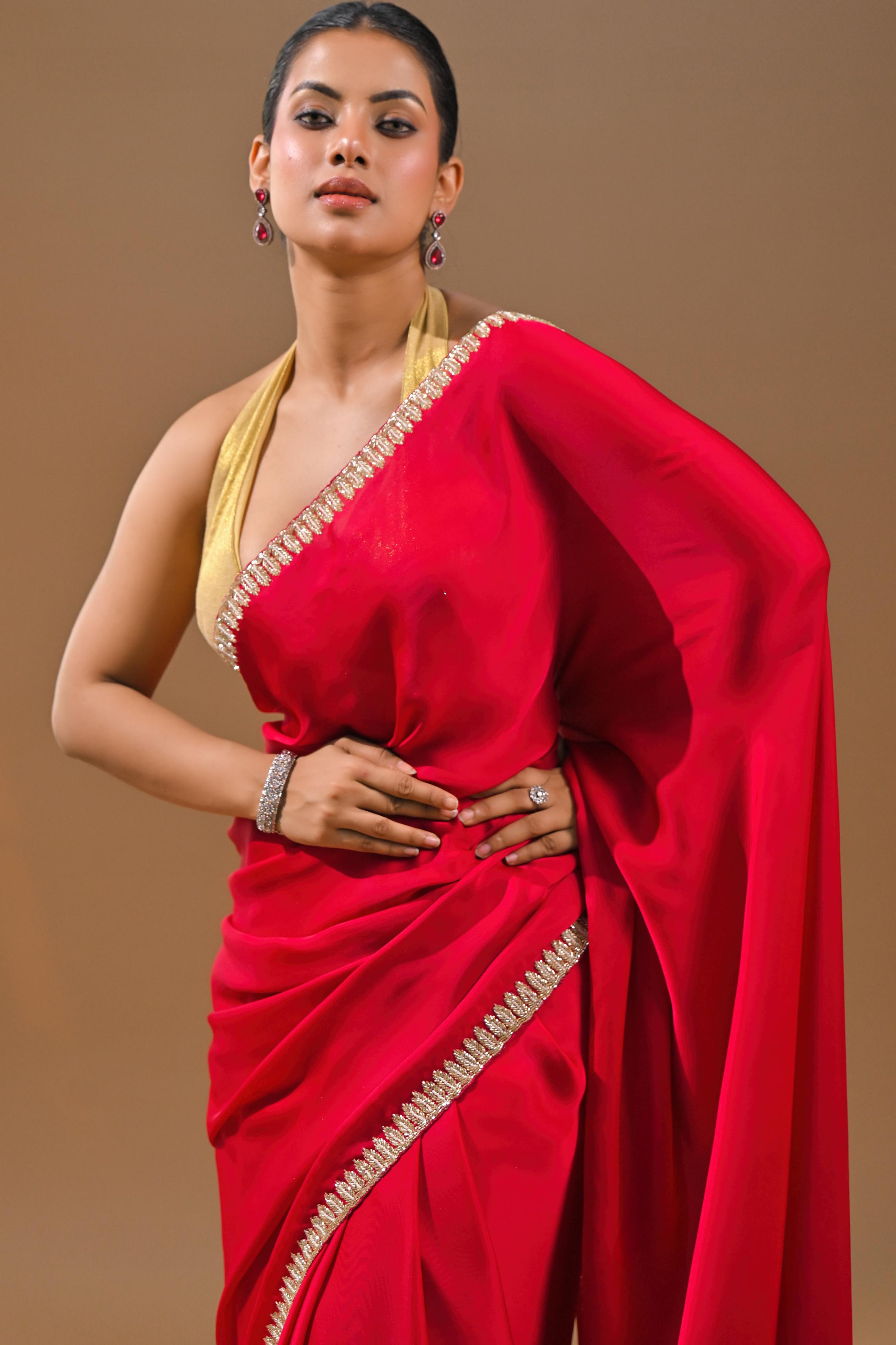 Red Embellished Satin Silk Saree