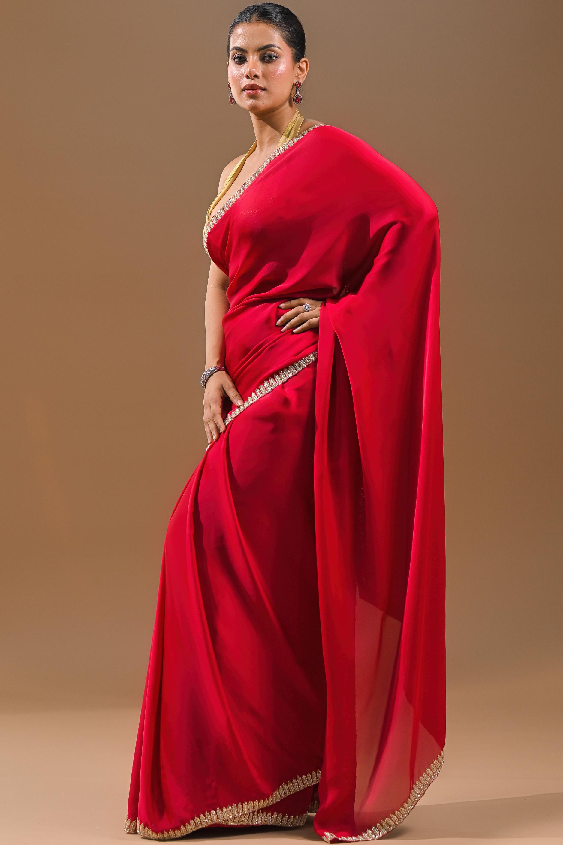 Red Embellished Satin Silk Saree