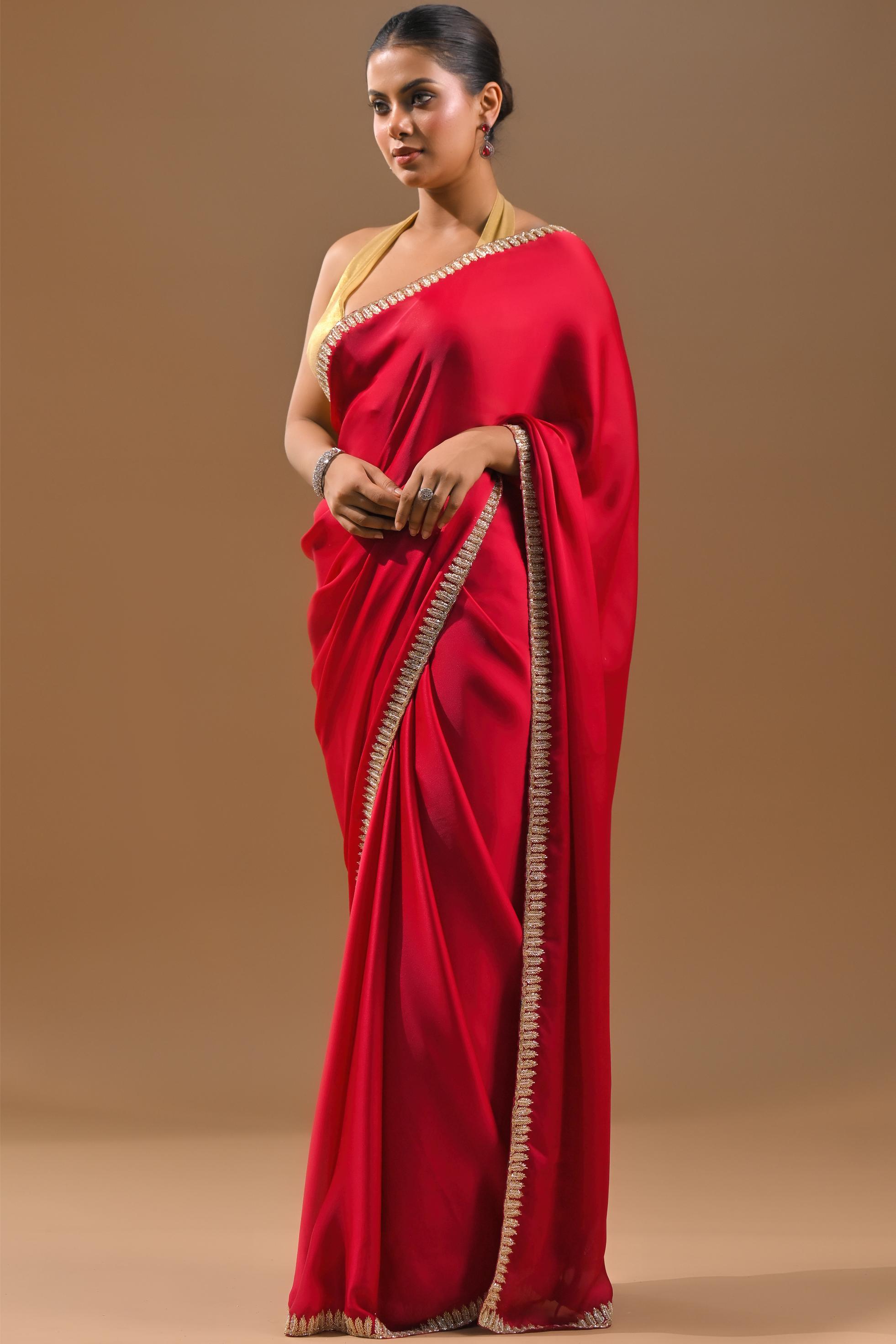 Red Embellished Satin Silk Saree