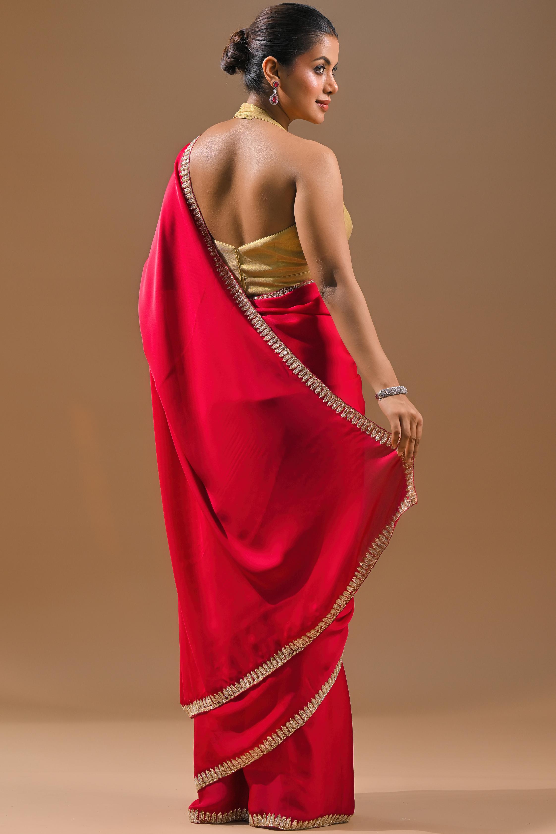 Red Embellished Satin Silk Saree