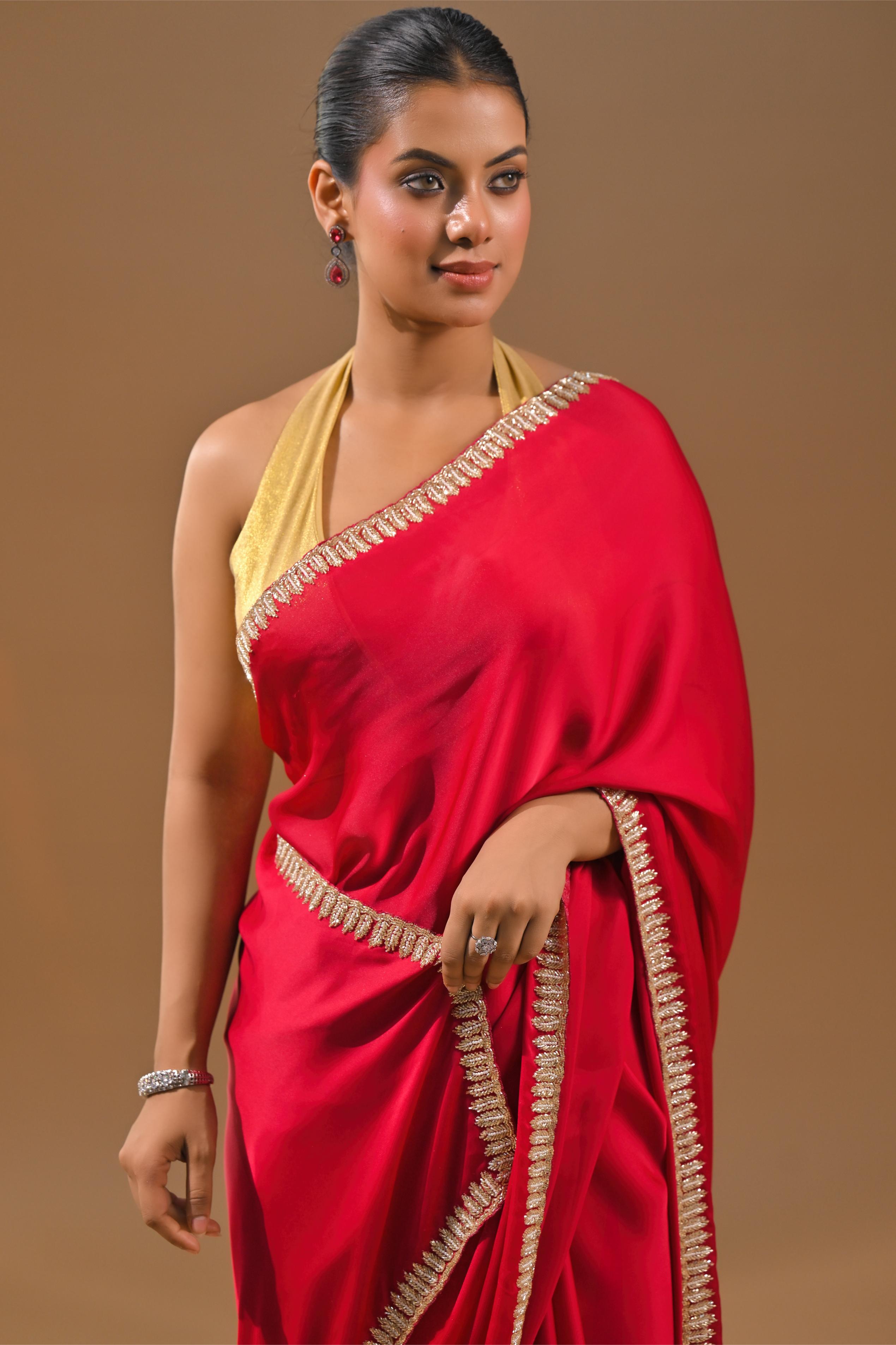 Red Embellished Satin Silk Saree