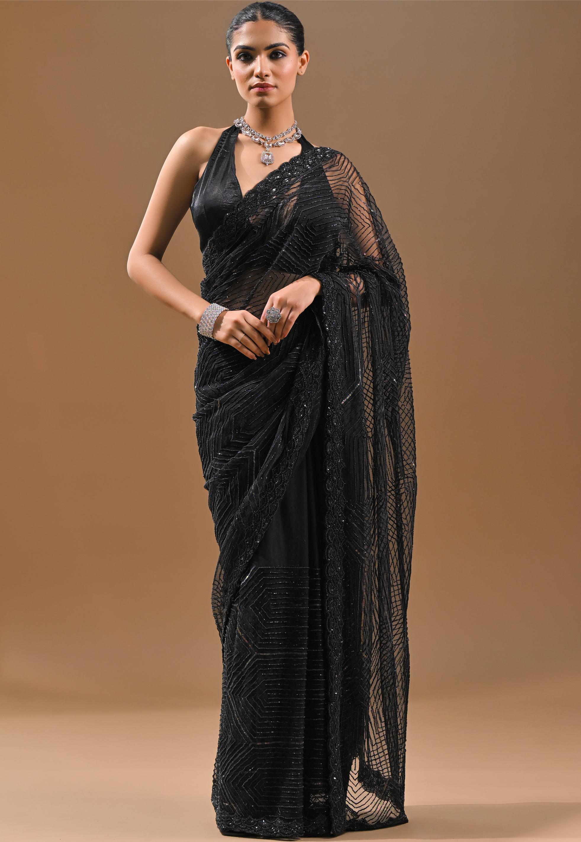 Black Sequins Embellished Net Saree