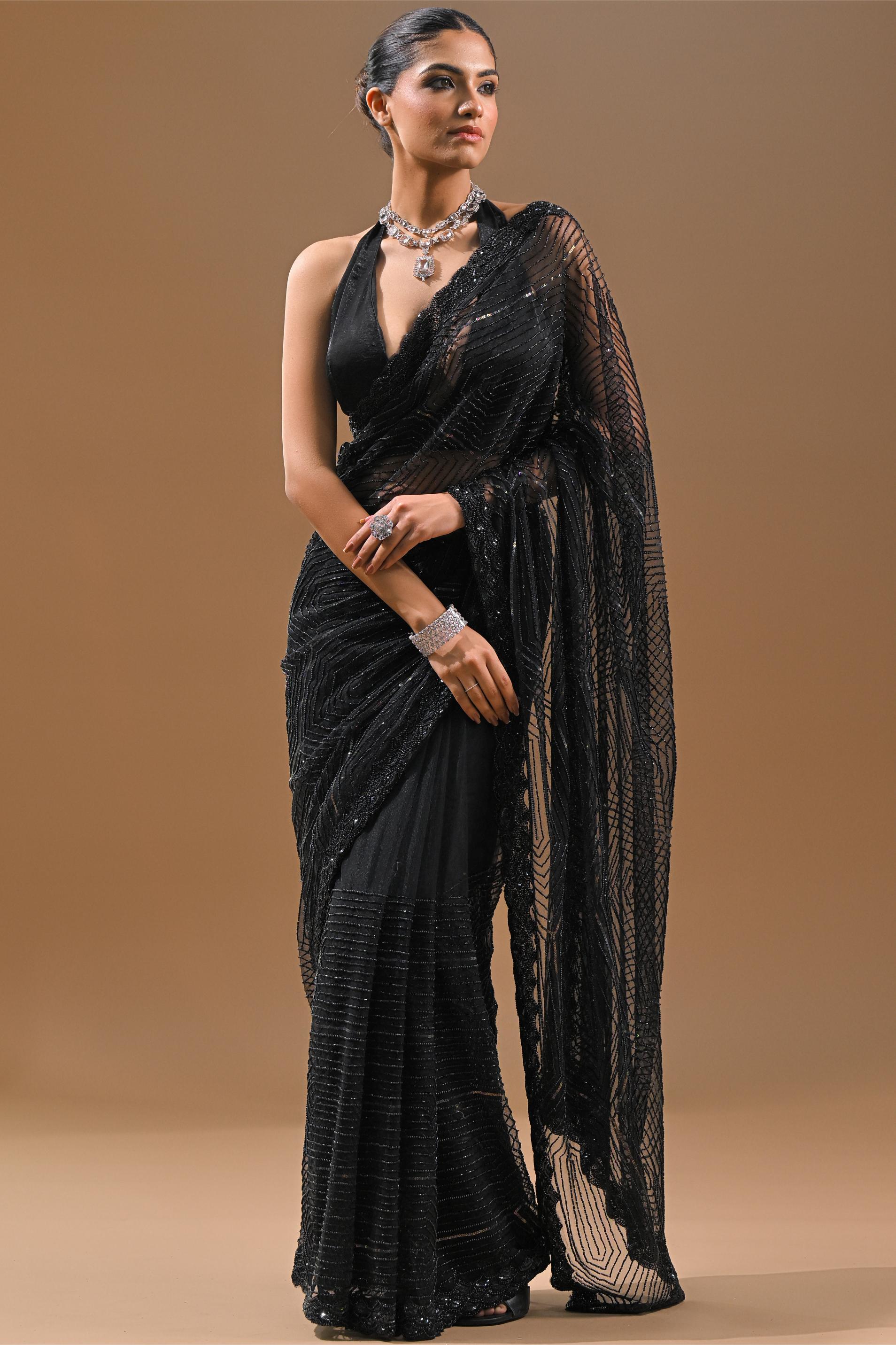 Black Sequins Embellished Net Saree