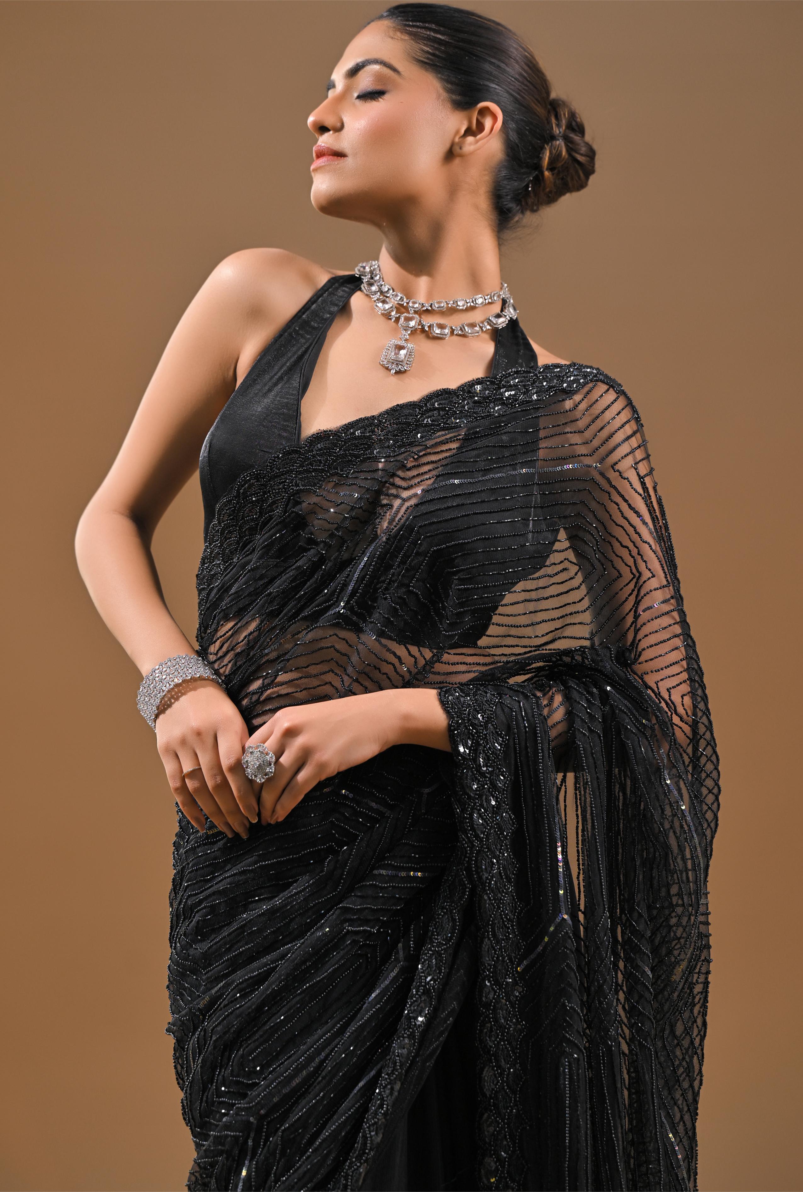 Black Sequins Embellished Net Saree