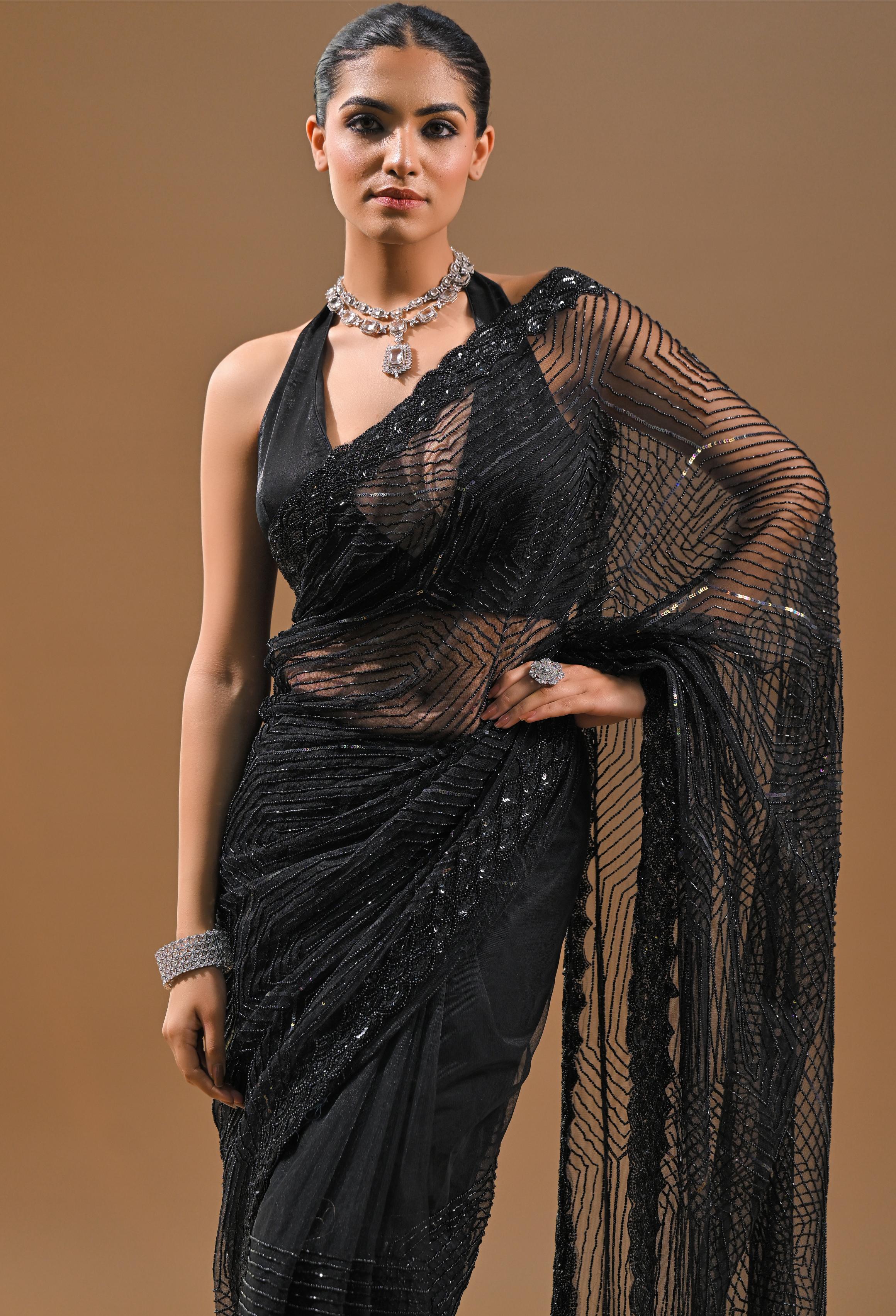 Black Sequins Embellished Net Saree