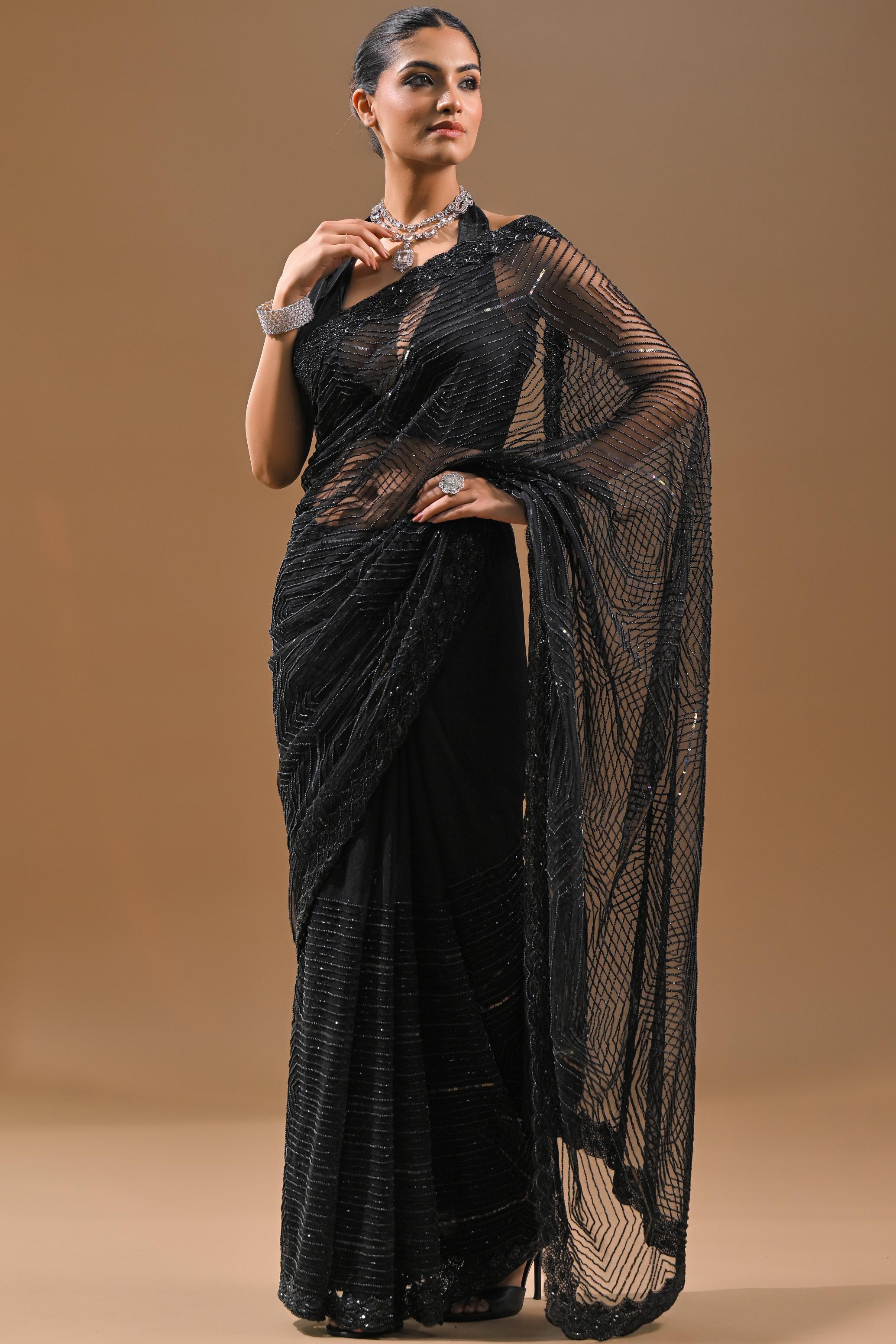 Black Sequins Embellished Net Saree