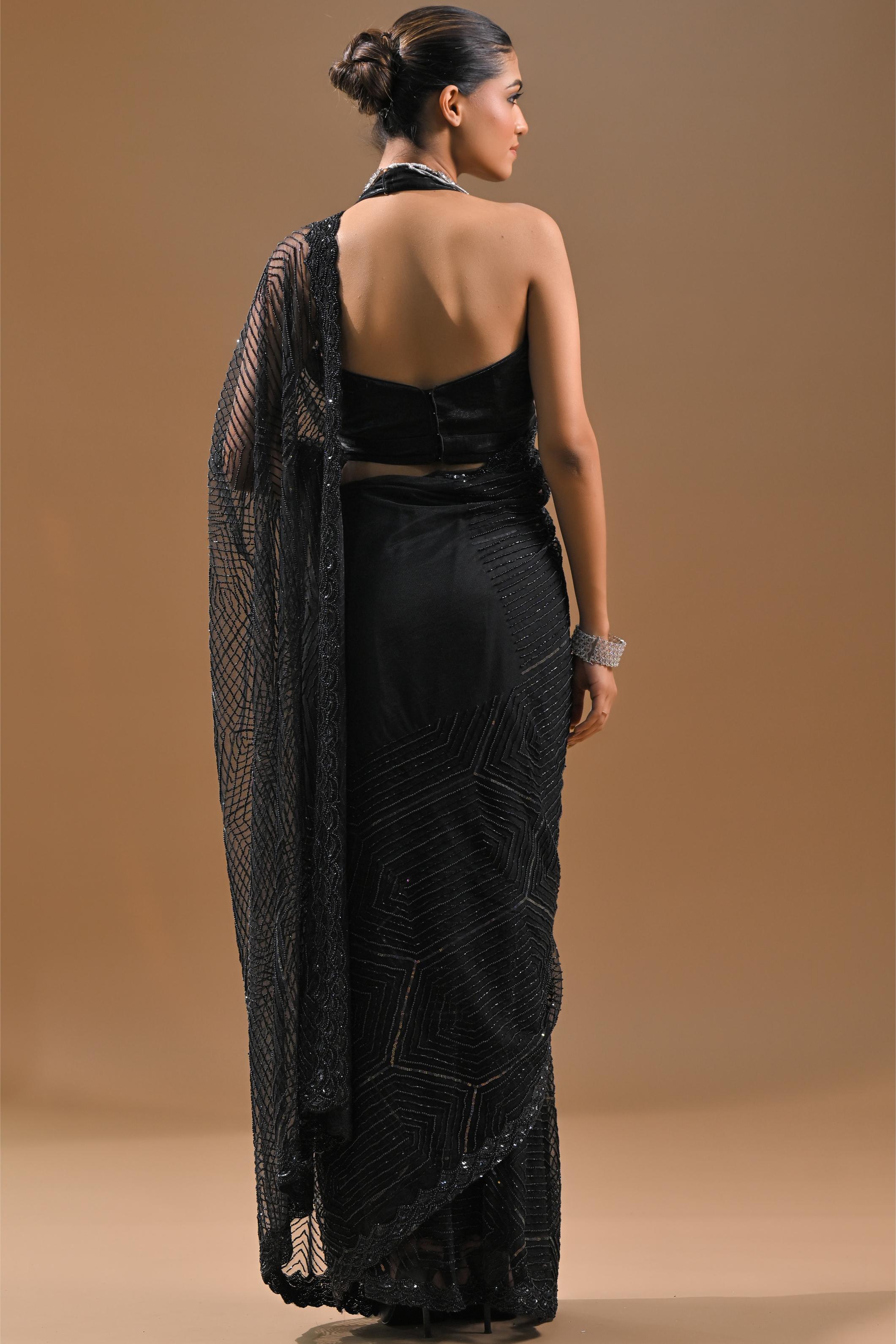 Black Sequins Embellished Net Saree