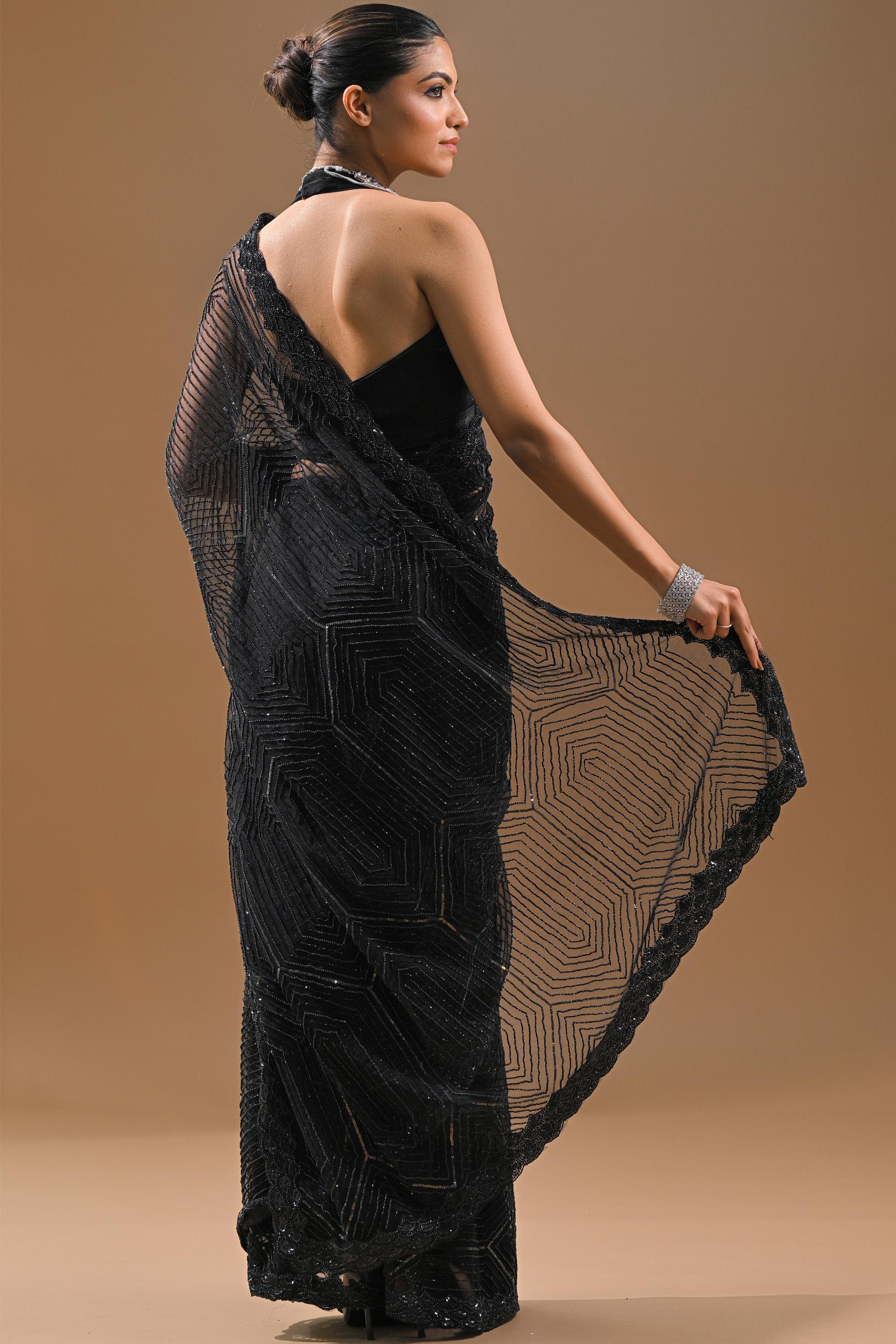 Black Sequins Embellished Net Saree