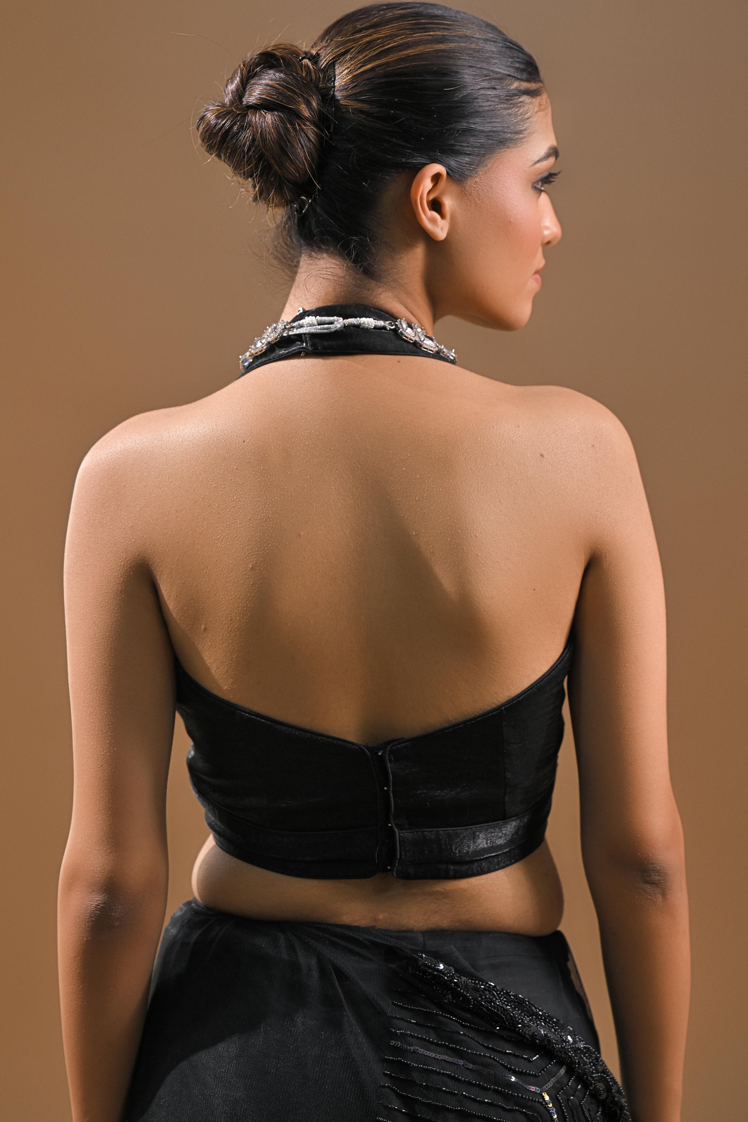 Black Sequins Embellished Net Saree