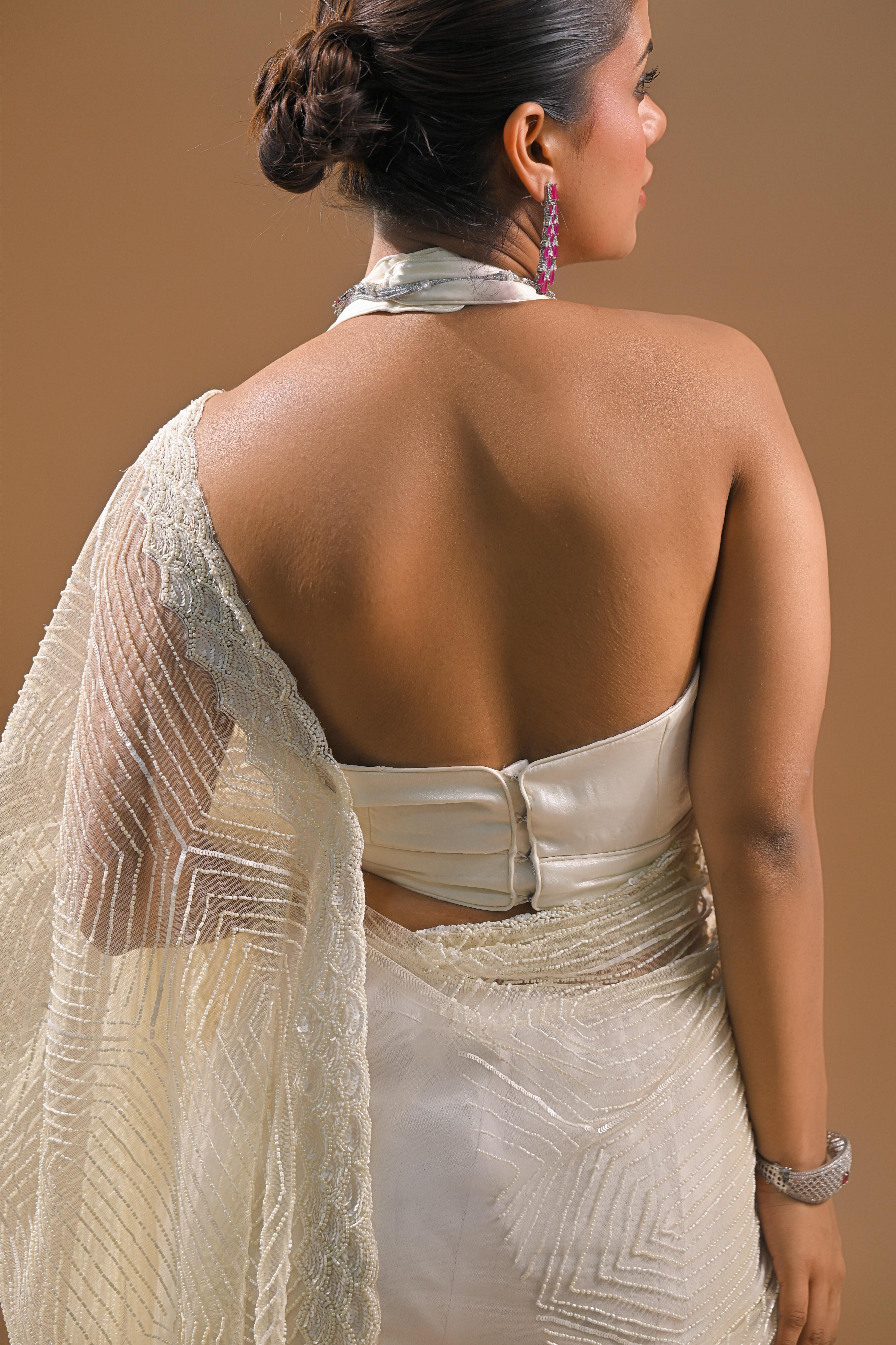 Cream Sequins Embellished Net Saree