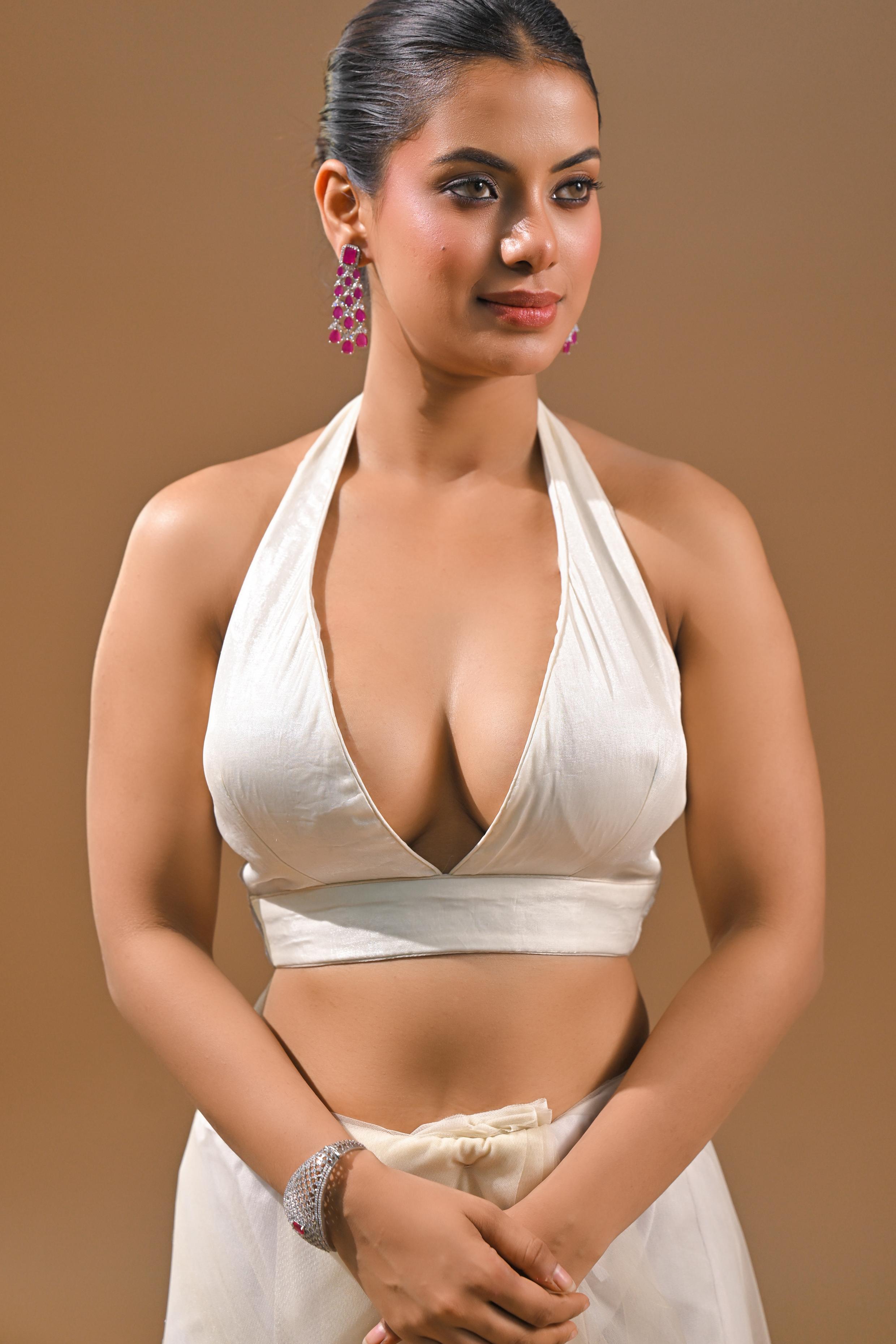 Cream Sequins Embellished Net Saree