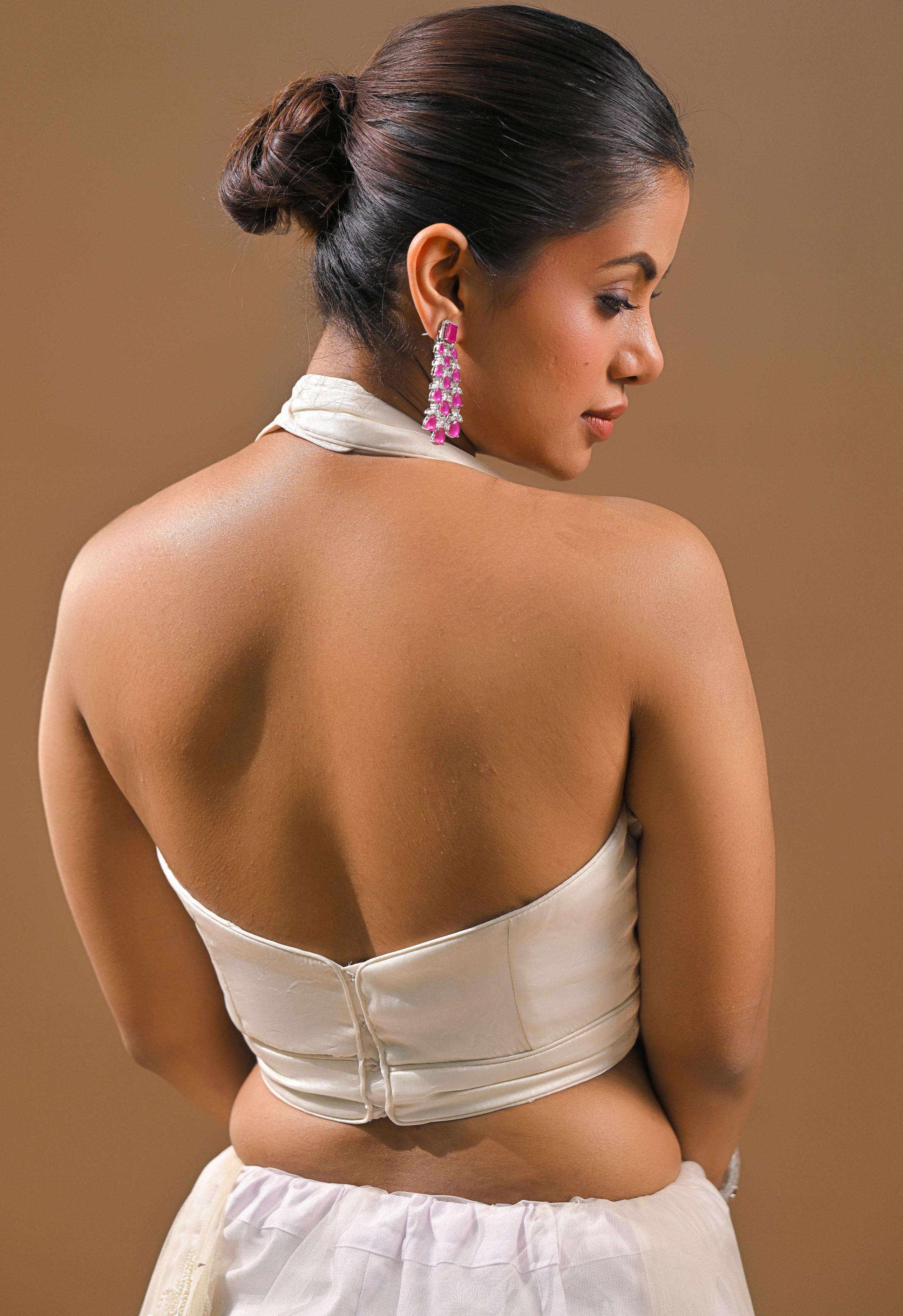 Cream Sequins Embellished Net Saree