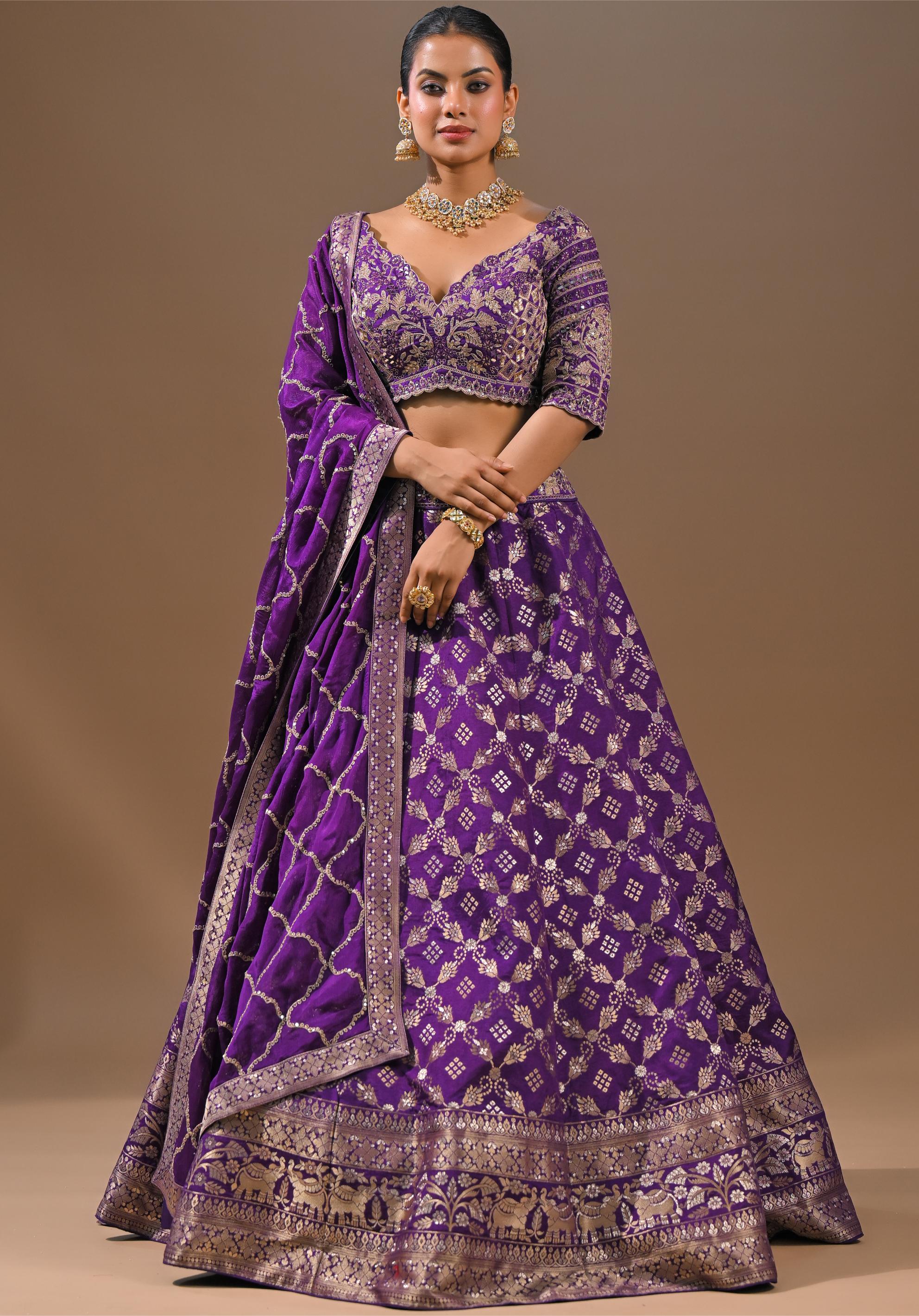 Purple Embroidered Brocade Silk Lehenga Set