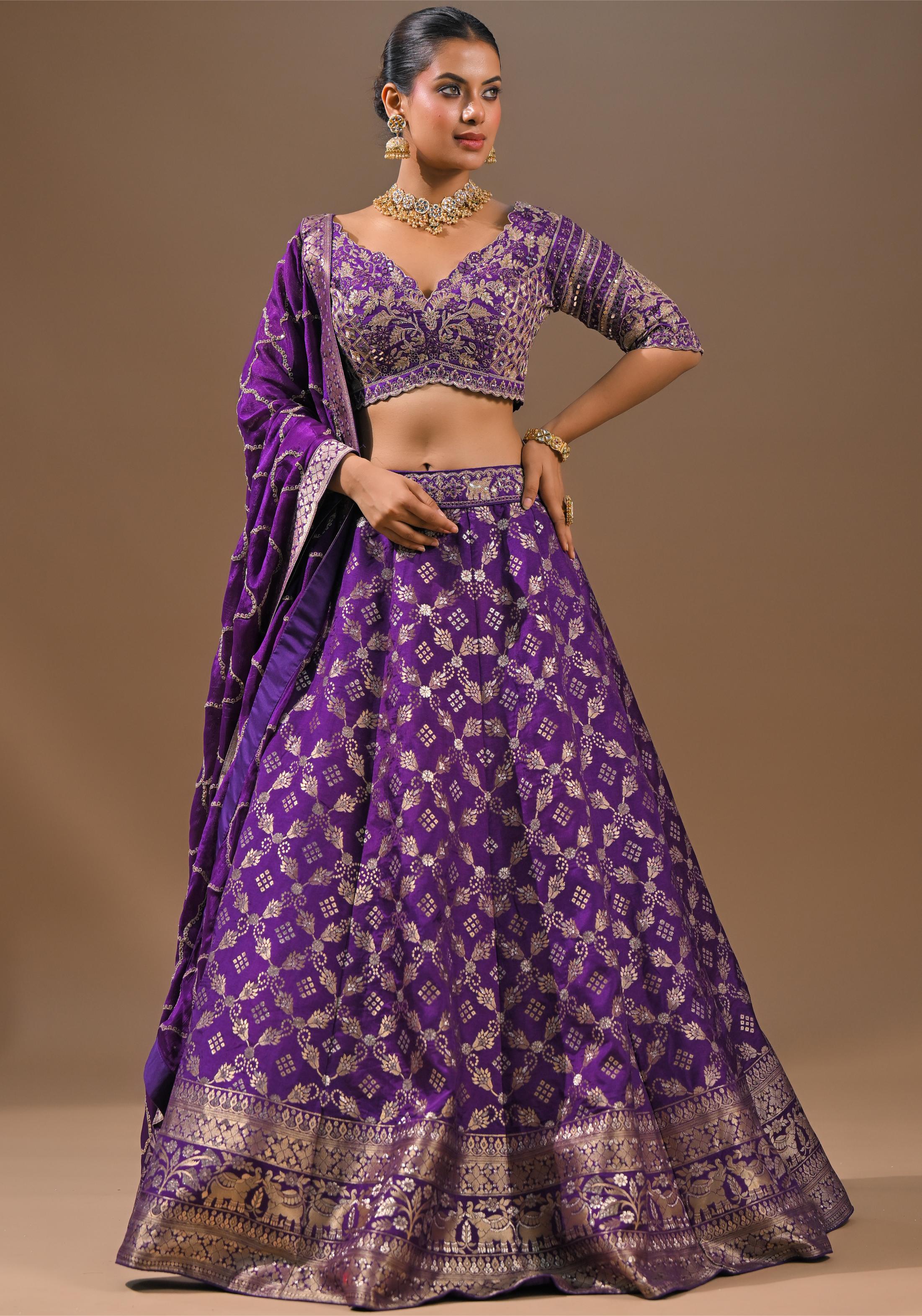 Purple Embroidered Brocade Silk Lehenga Set