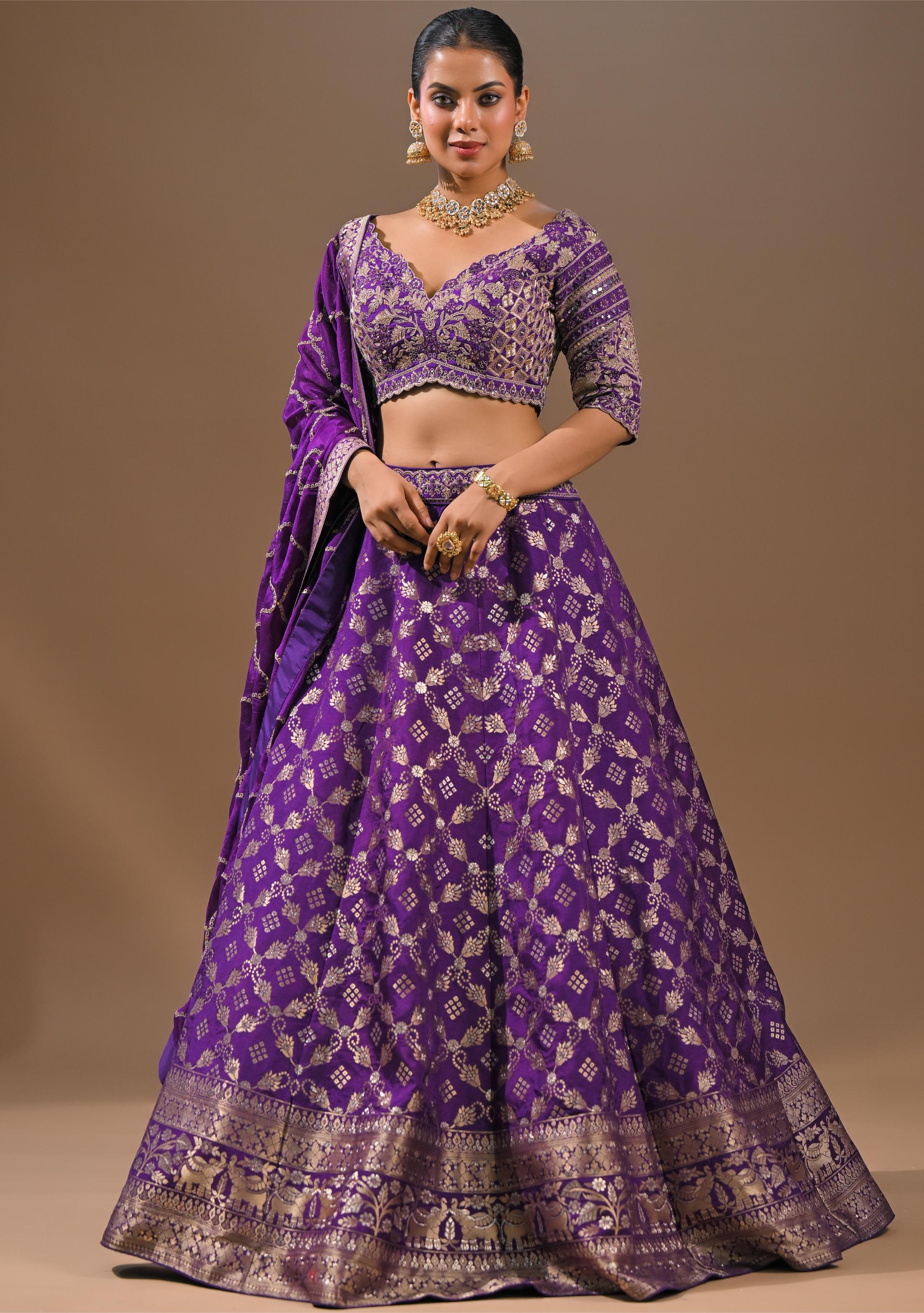 Purple Embroidered Brocade Silk Lehenga Set