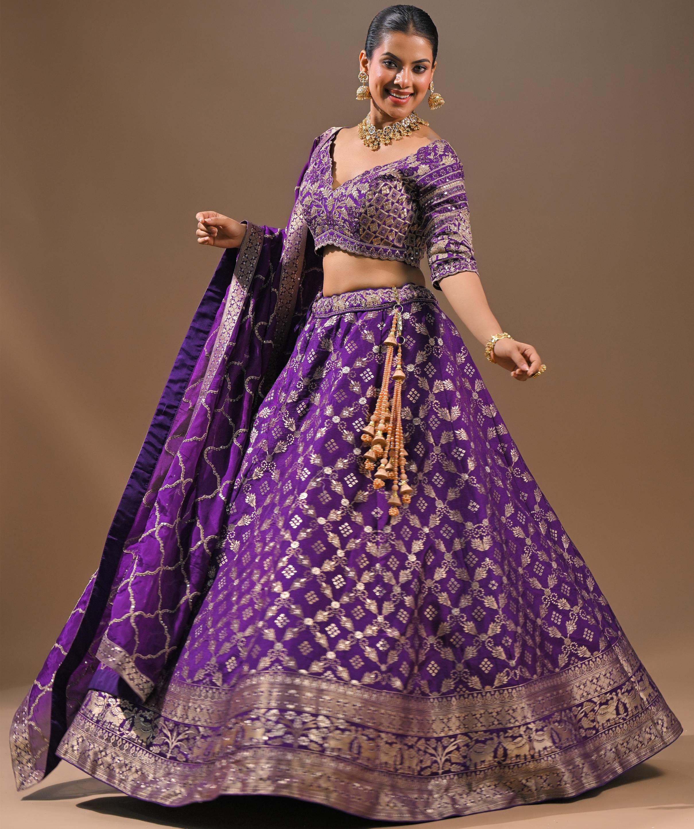 Purple Embroidered Brocade Silk Lehenga Set