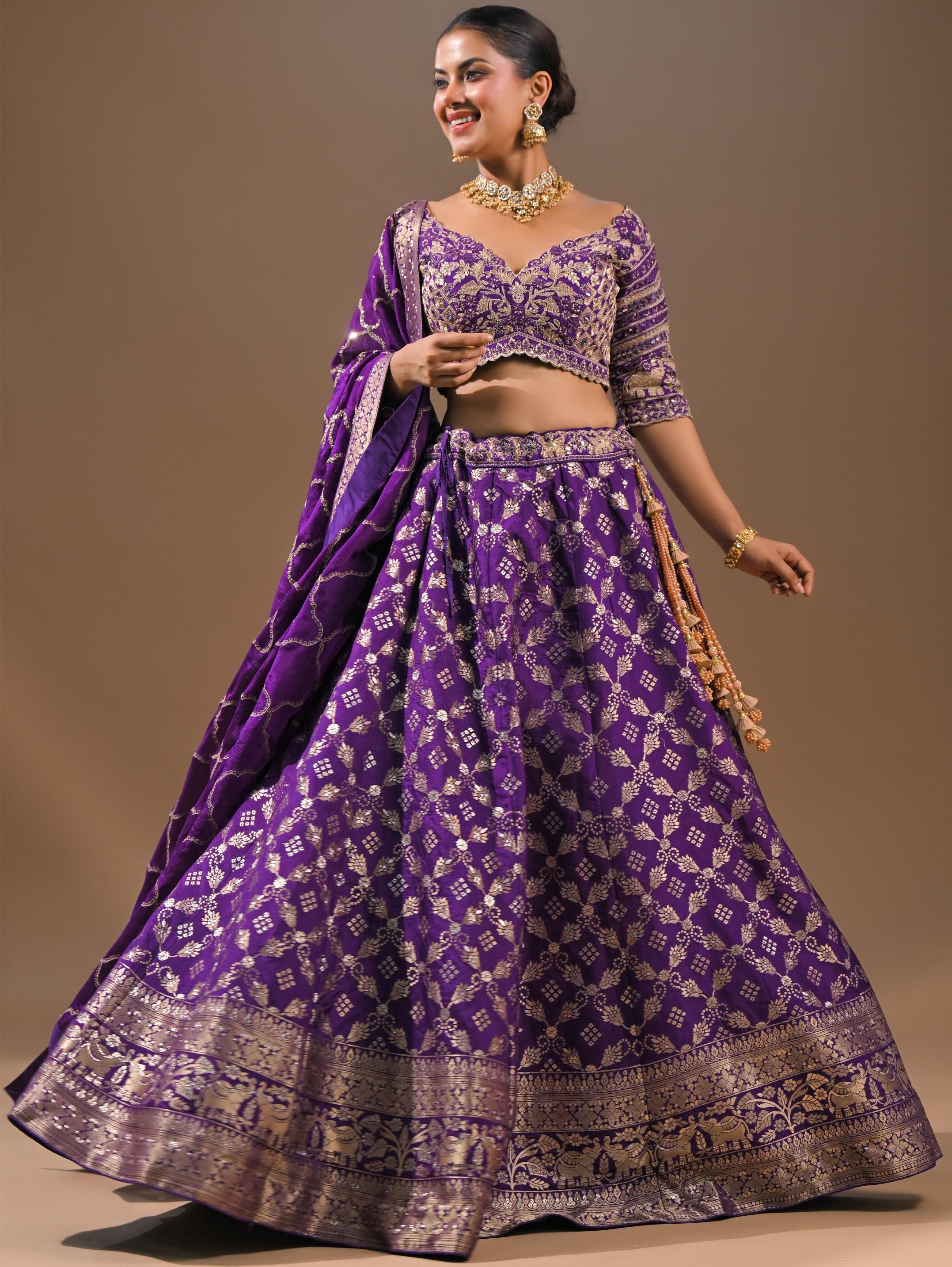 Purple Embroidered Brocade Silk Lehenga Set