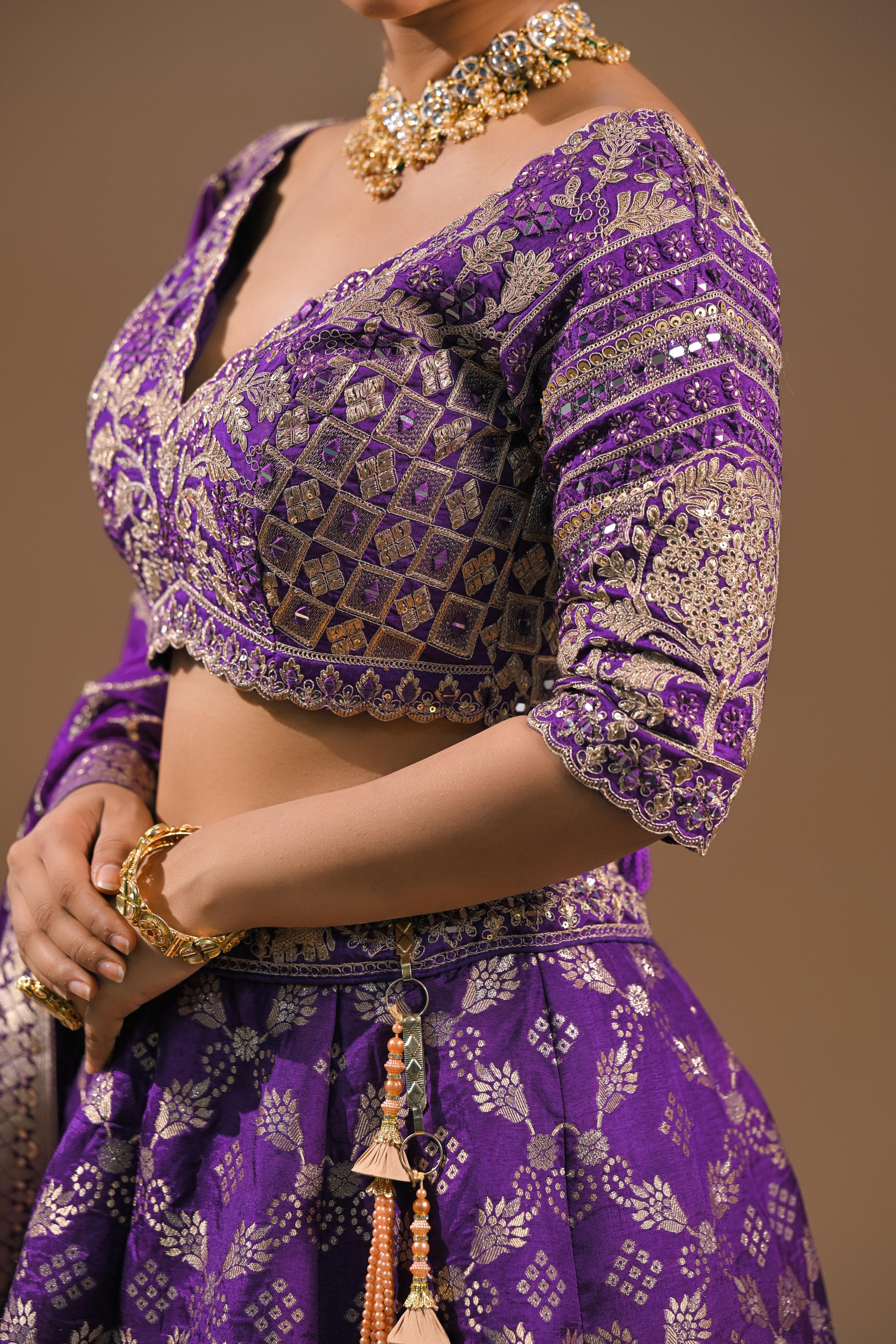 Purple Embroidered Brocade Silk Lehenga Set