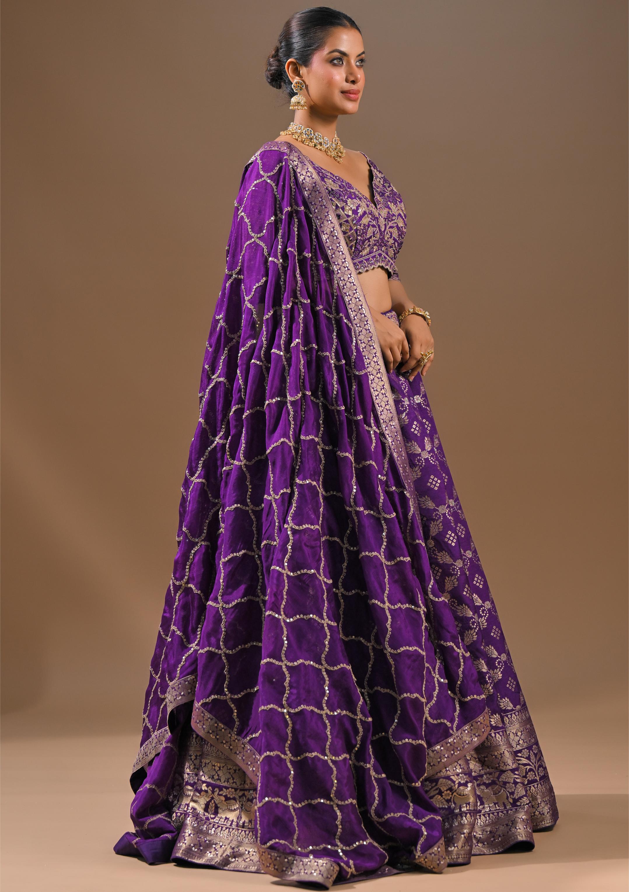 Purple Embroidered Brocade Silk Lehenga Set