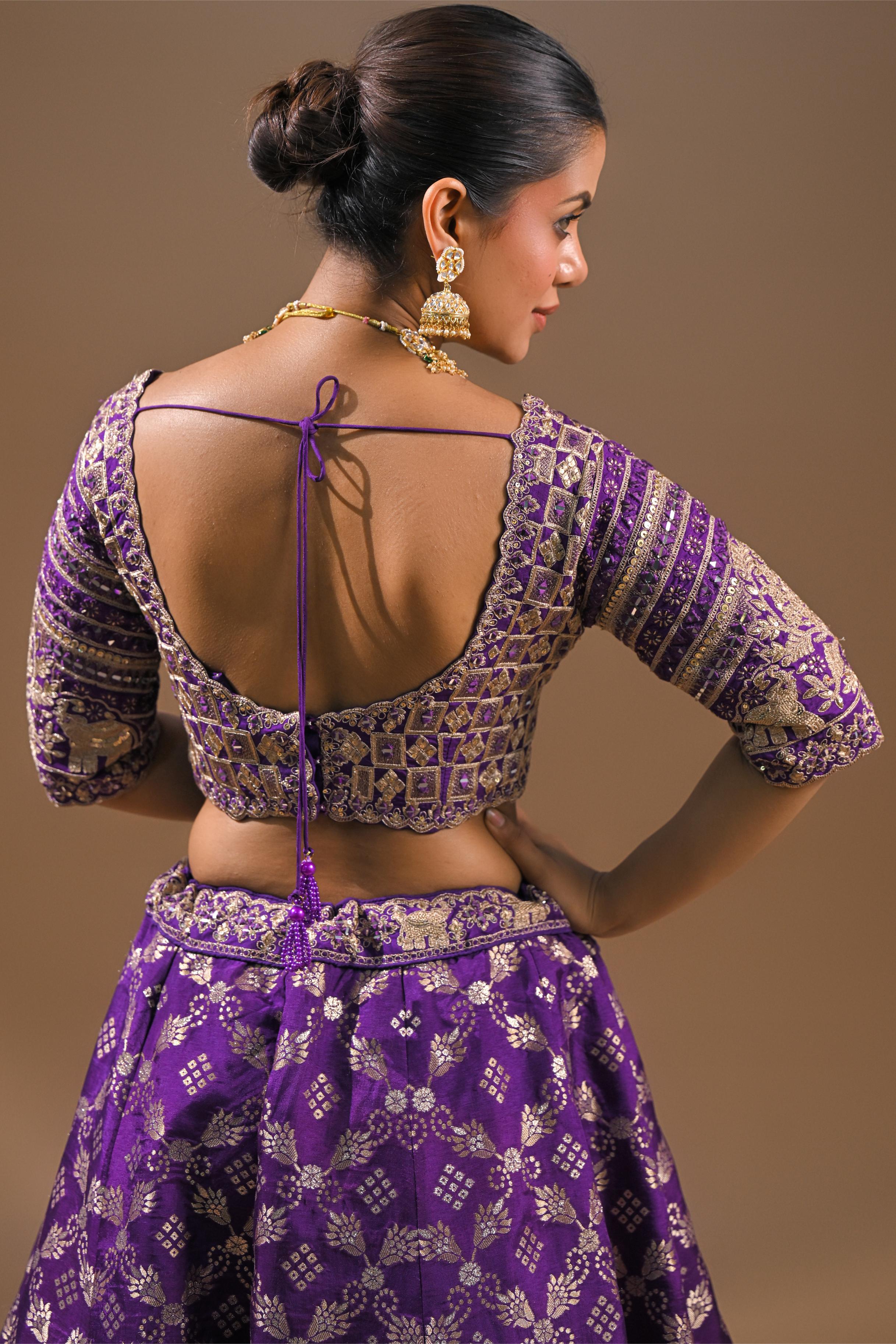 Purple Embroidered Brocade Silk Lehenga Set