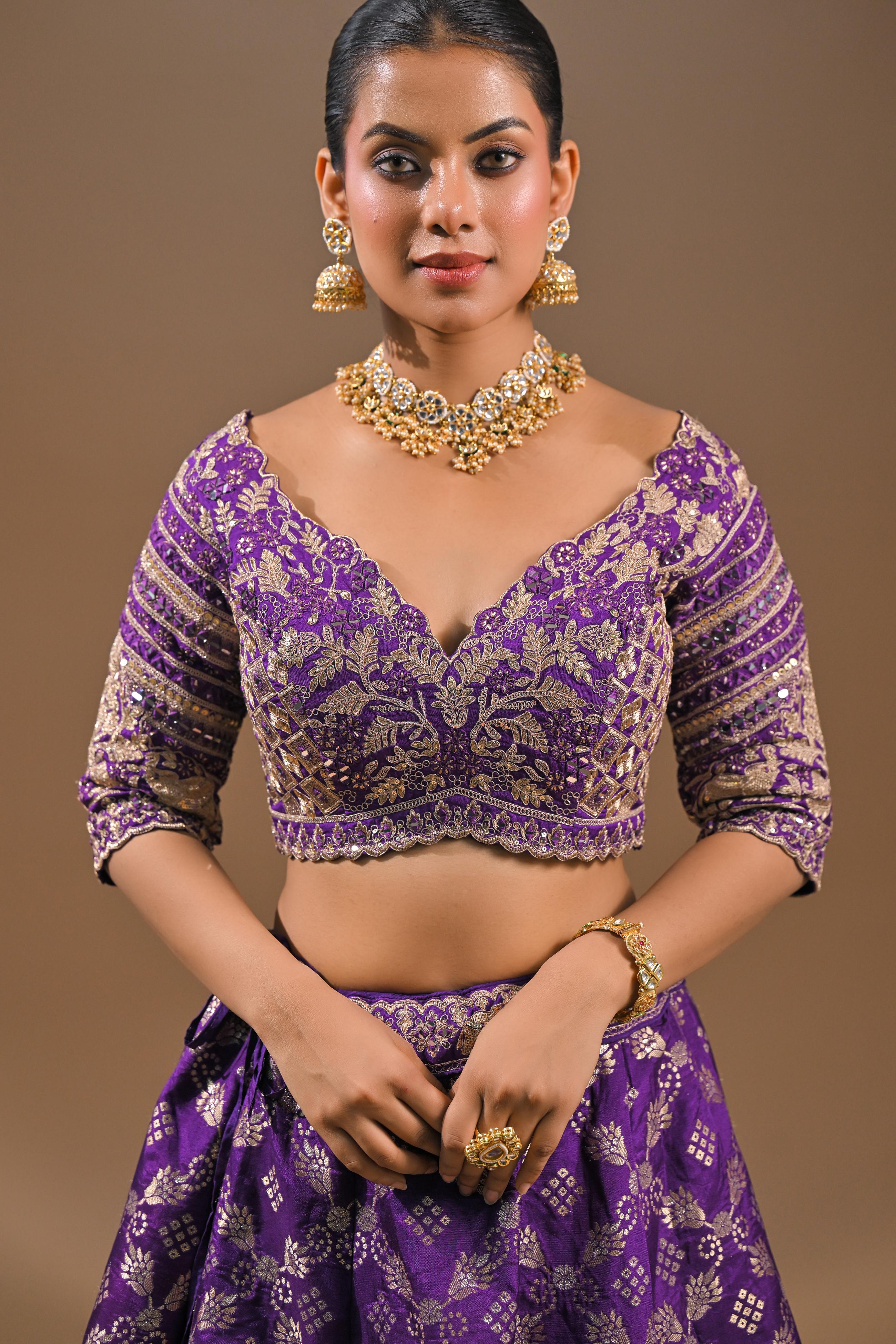 Purple Embroidered Brocade Silk Lehenga Set