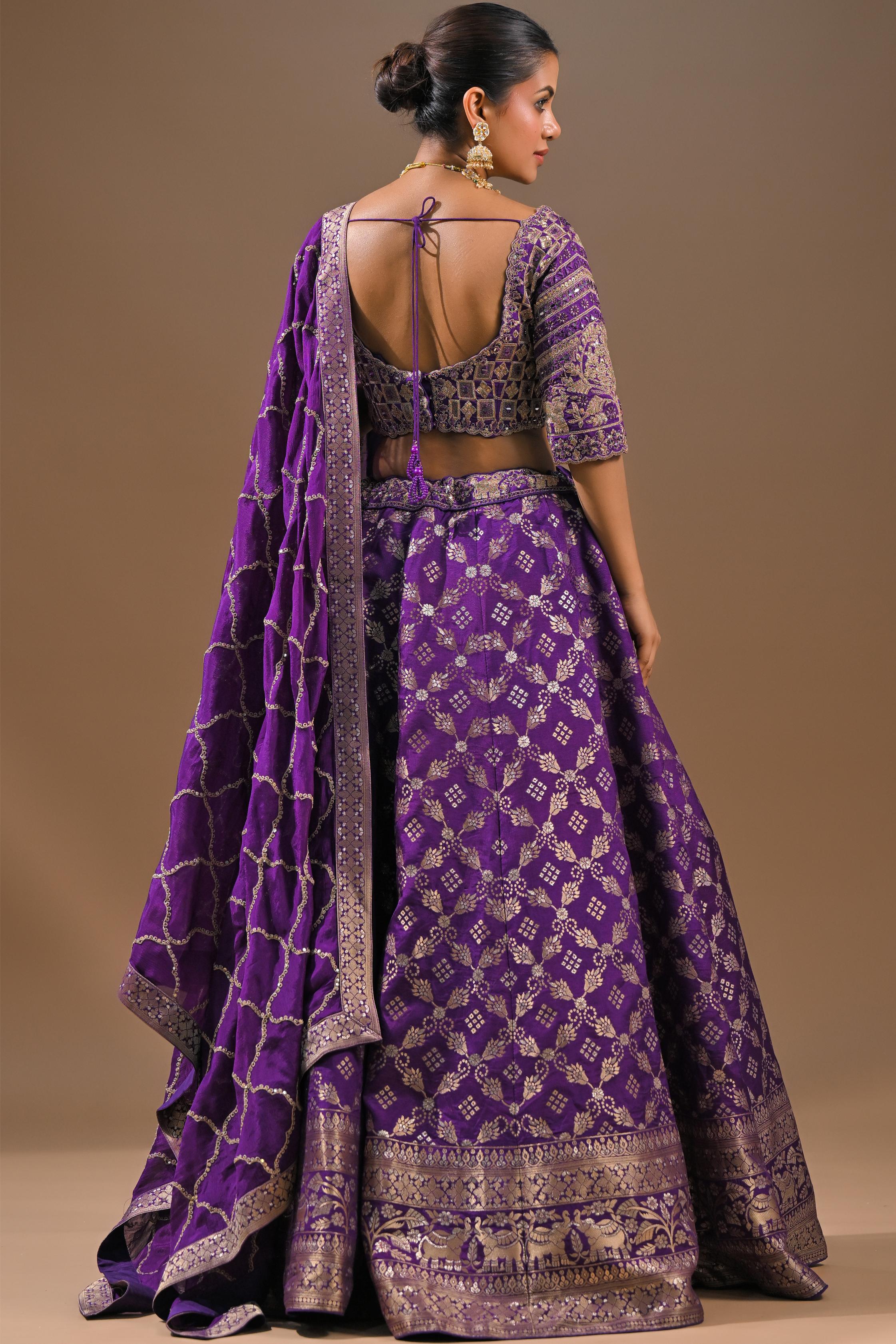 Purple Embroidered Brocade Silk Lehenga Set