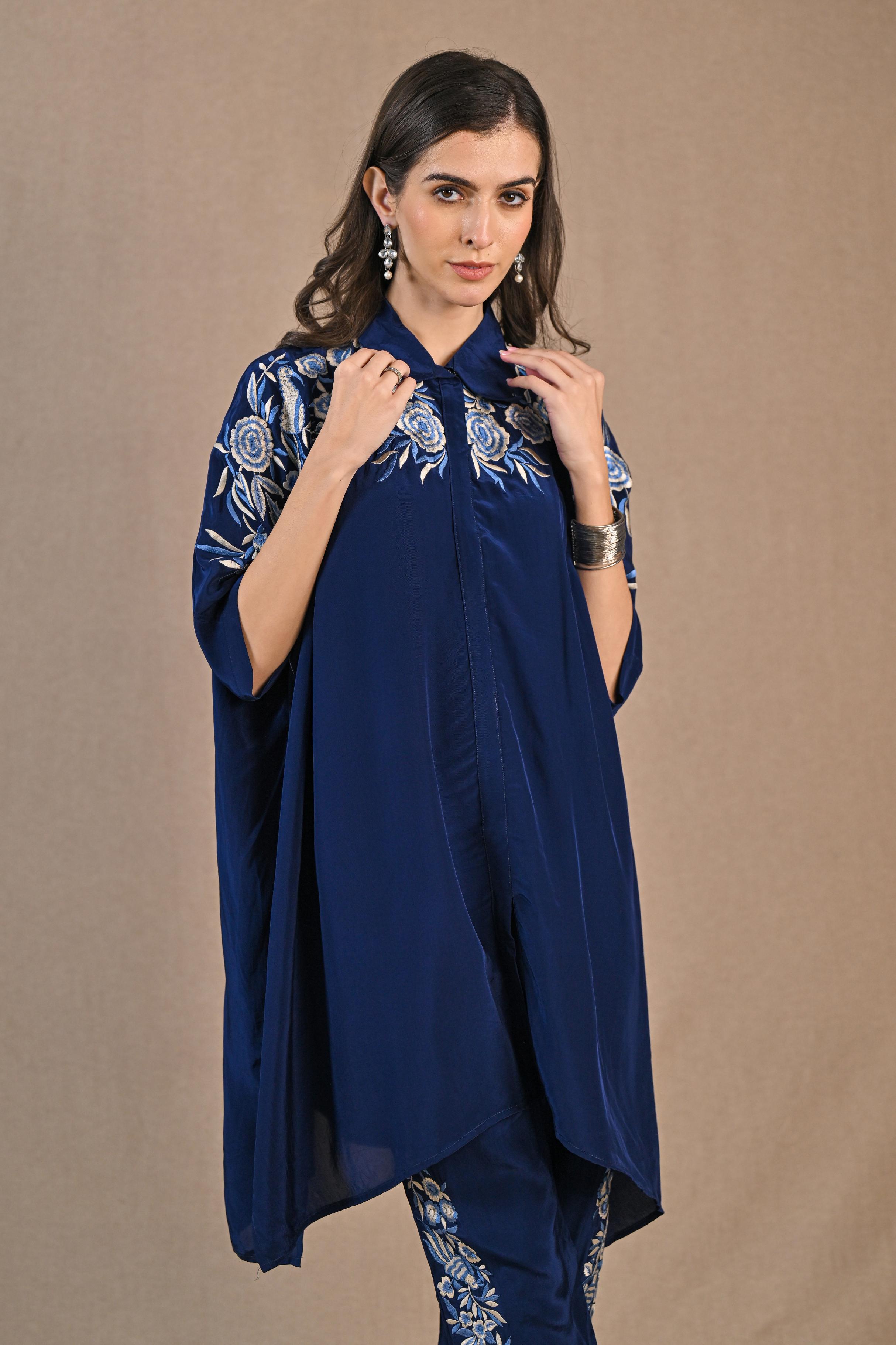 Deep Blue Embroidered Crepe Silk Co-Ord Set