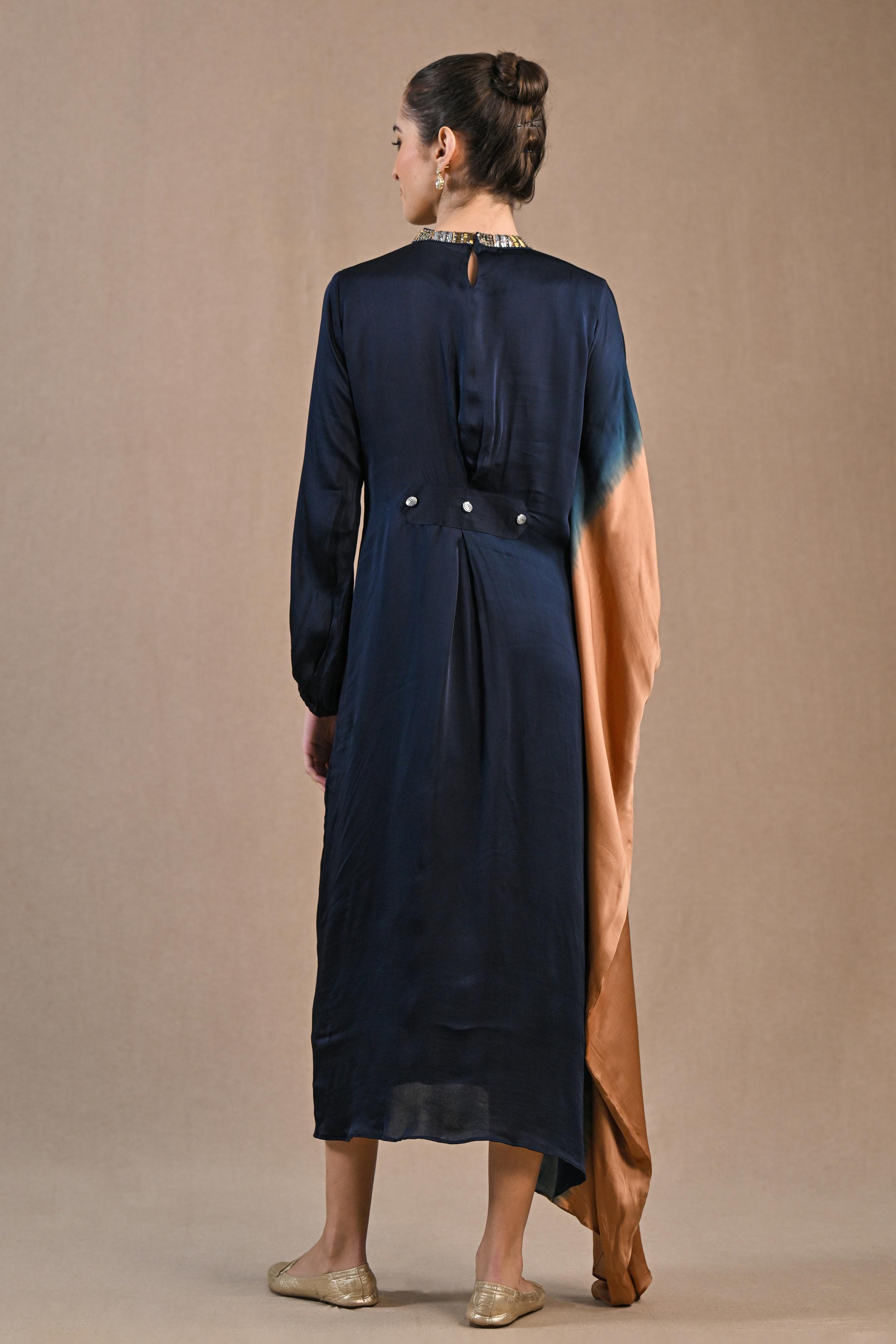 Deep Blue Ombre-Dyed Satin Silk Kaftan