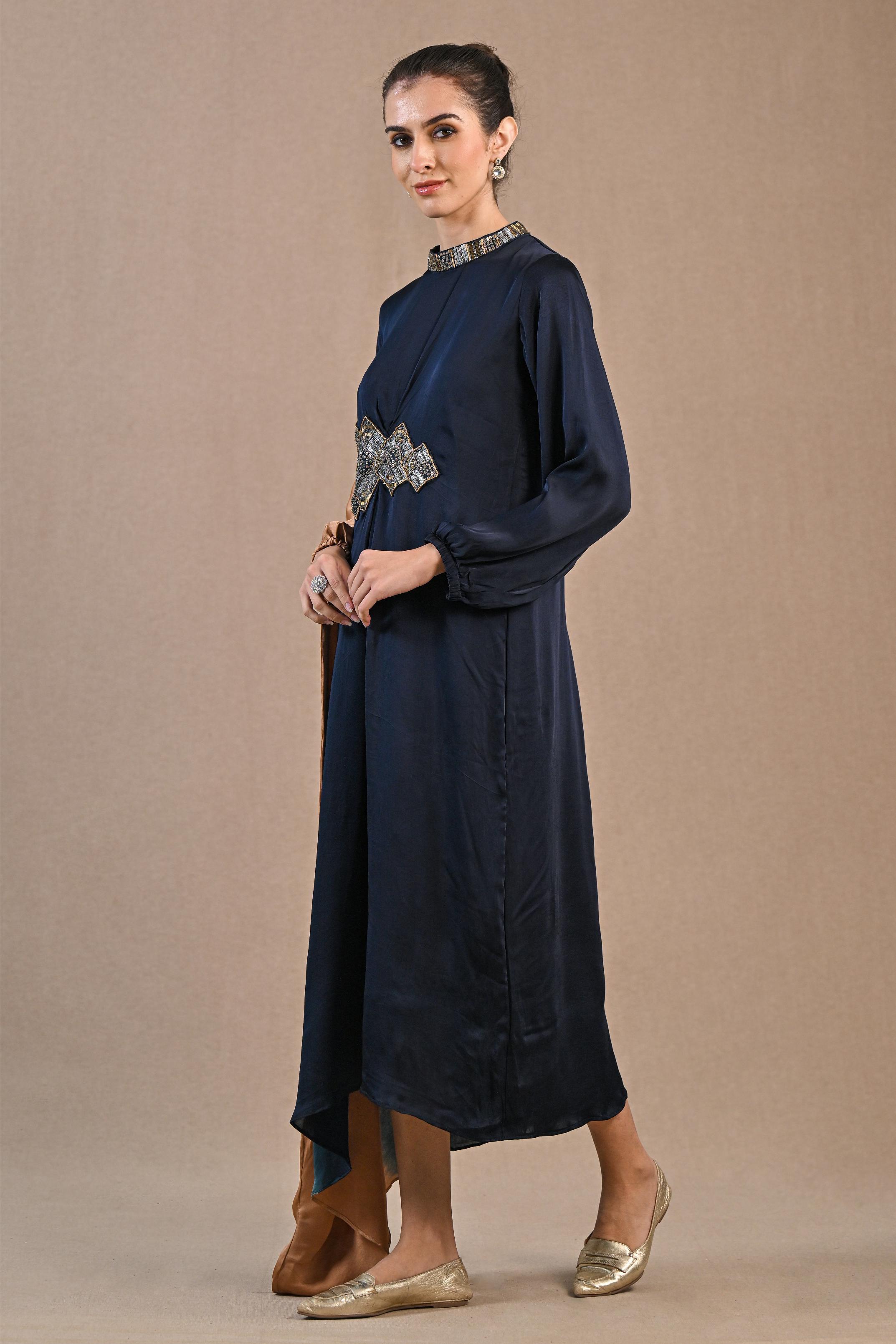 Deep Blue Ombre-Dyed Satin Silk Kaftan