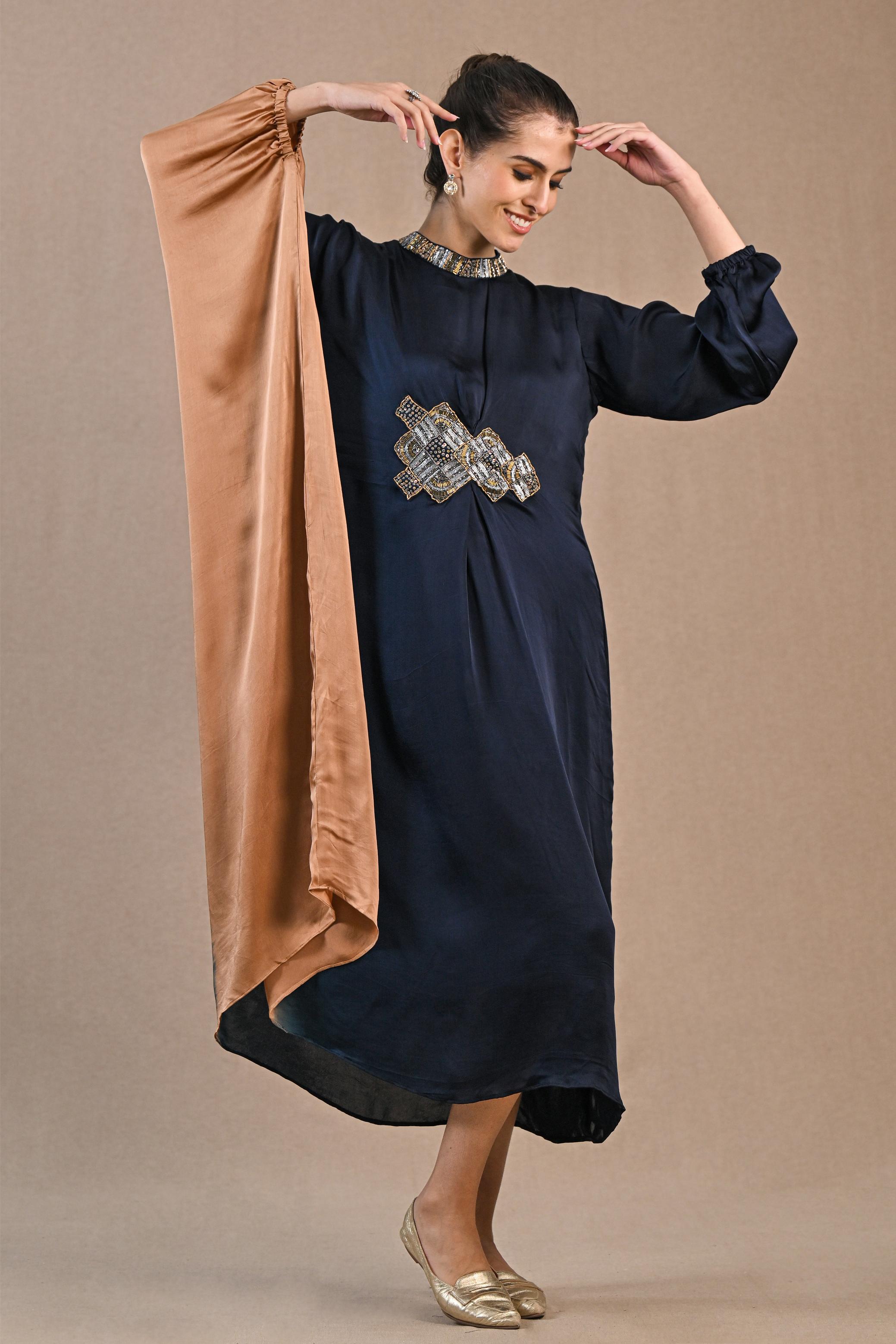 Deep Blue Ombre-Dyed Satin Silk Kaftan