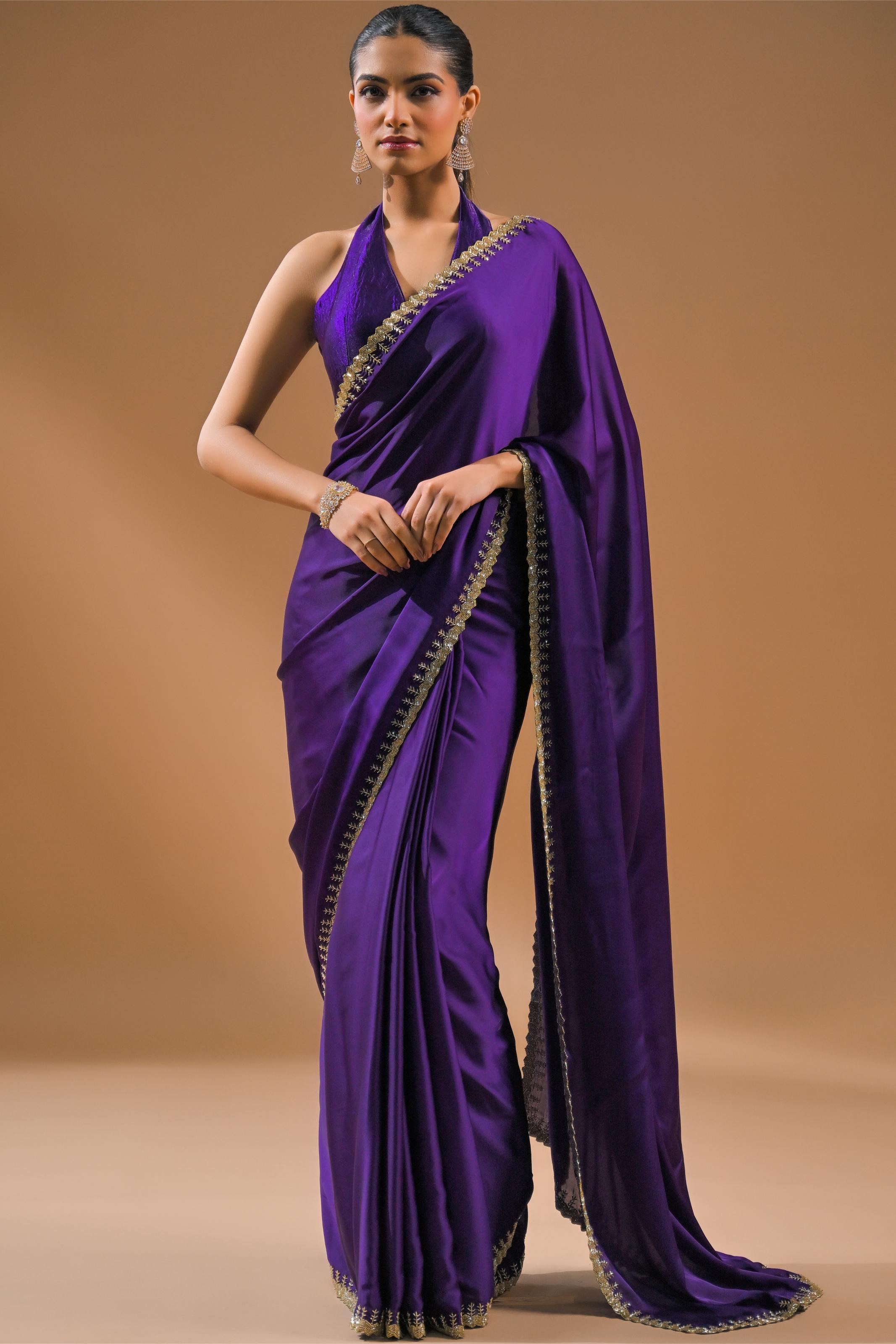 Purple Embellished Satin Silk Saree
