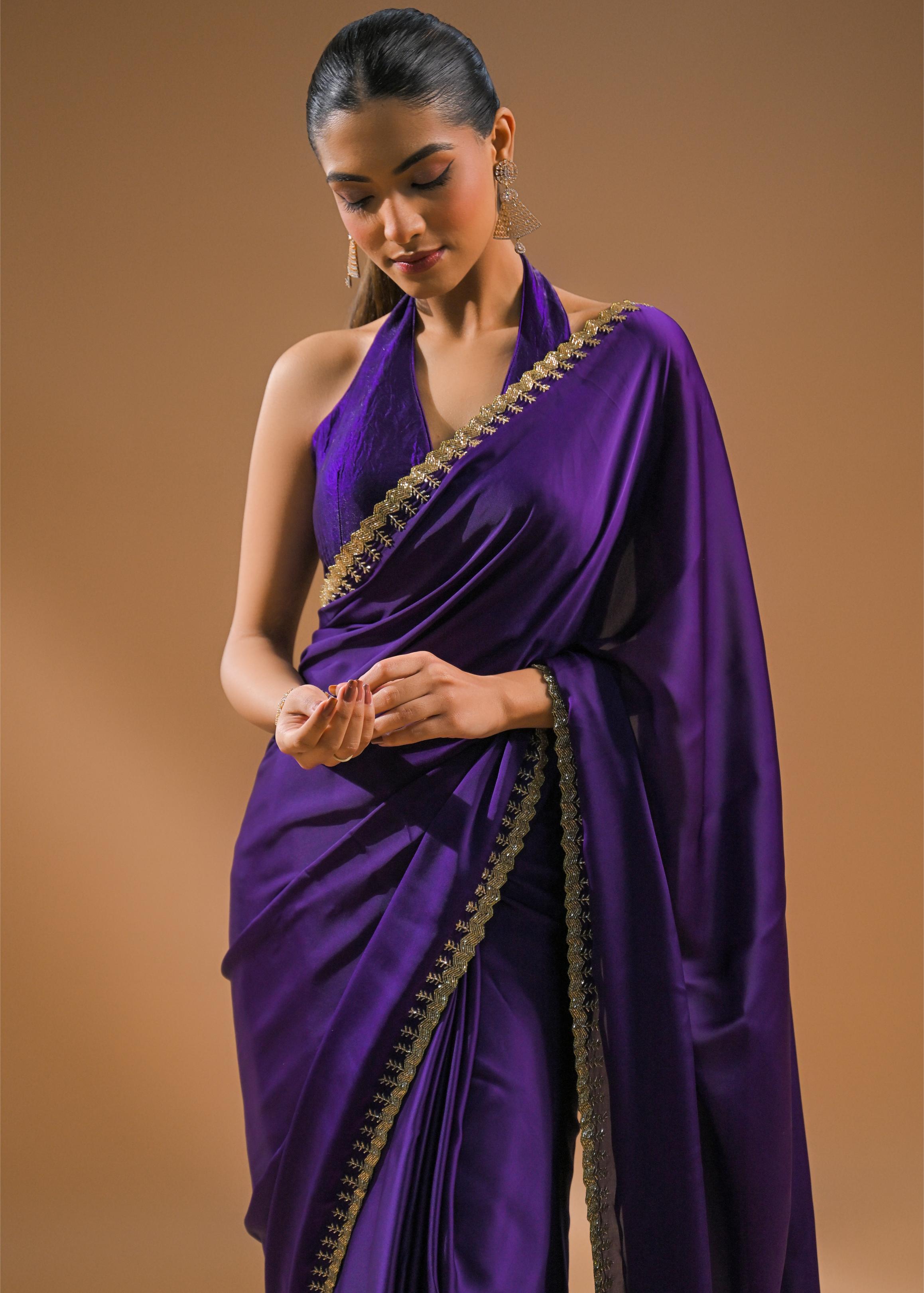 Purple Embellished Satin Silk Saree