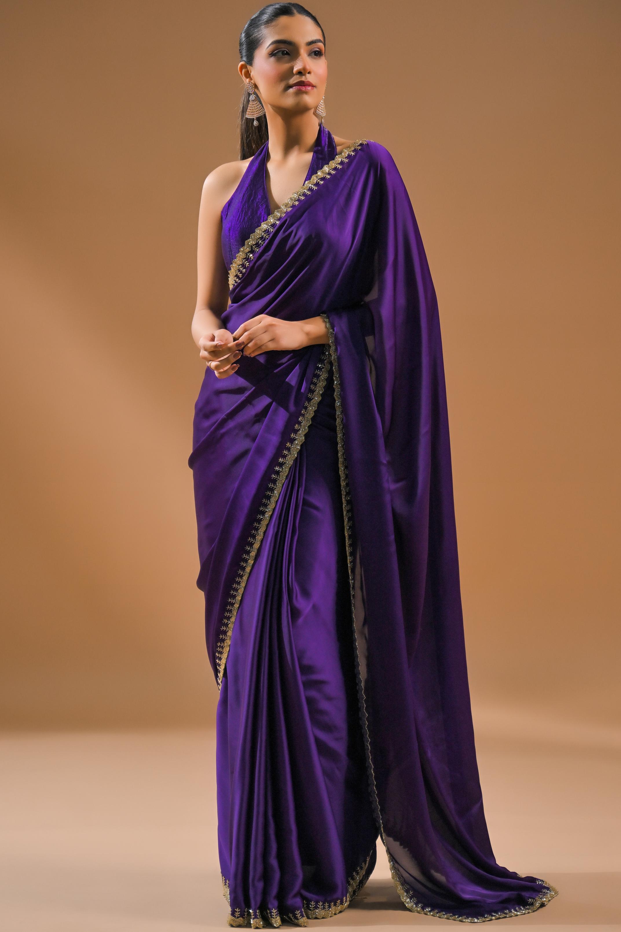 Purple Embellished Satin Silk Saree