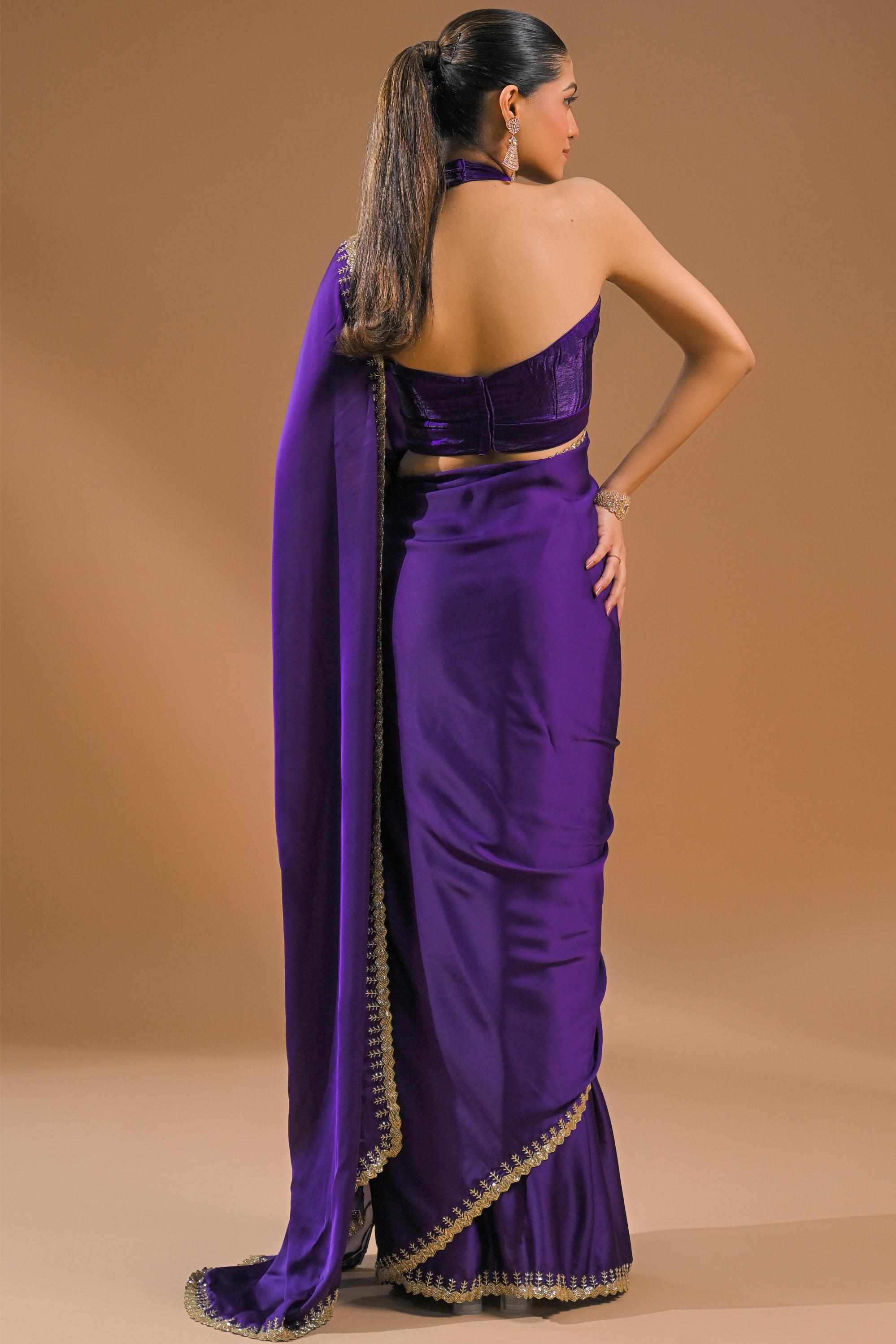 Purple Embellished Satin Silk Saree