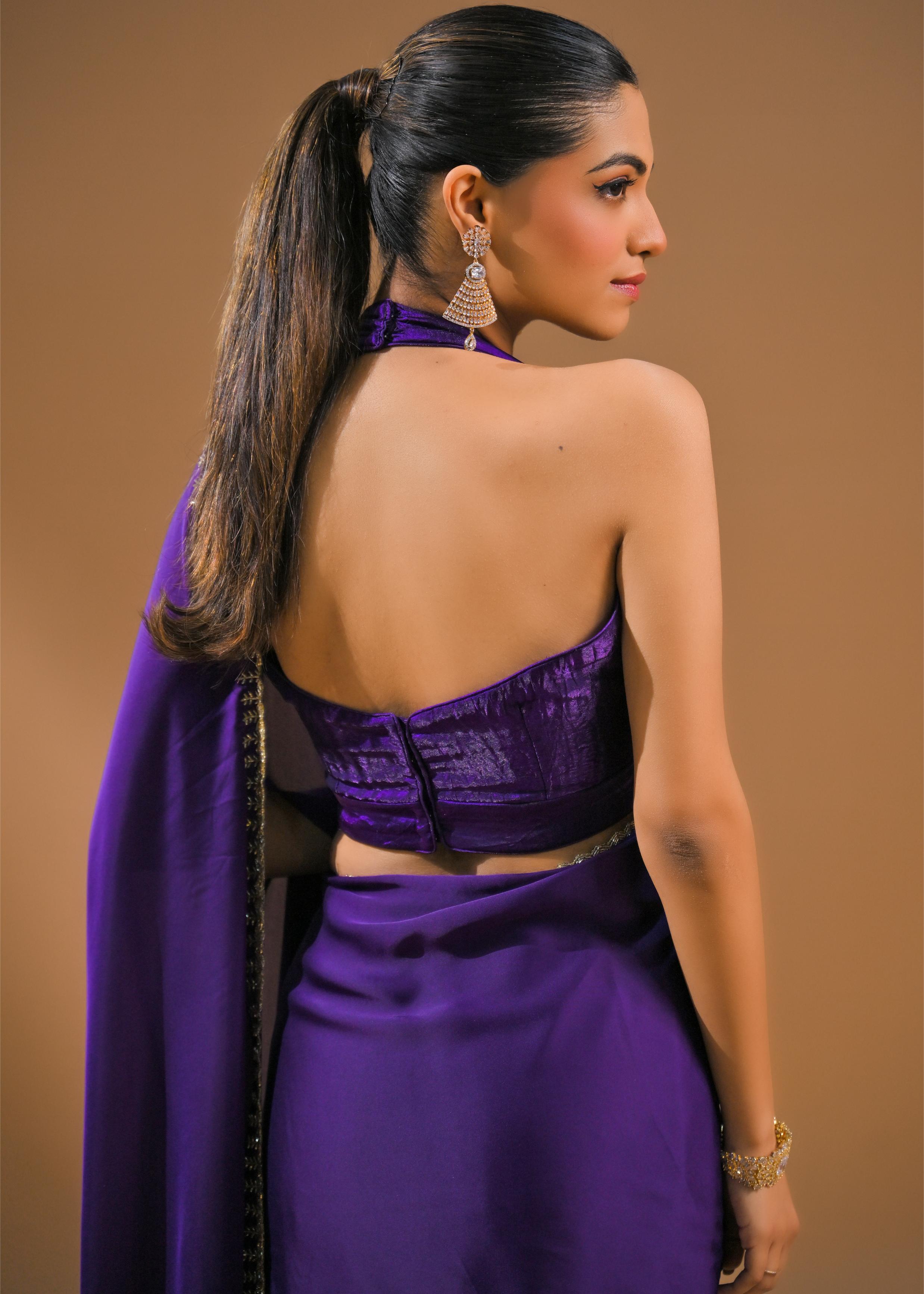 Purple Embellished Satin Silk Saree