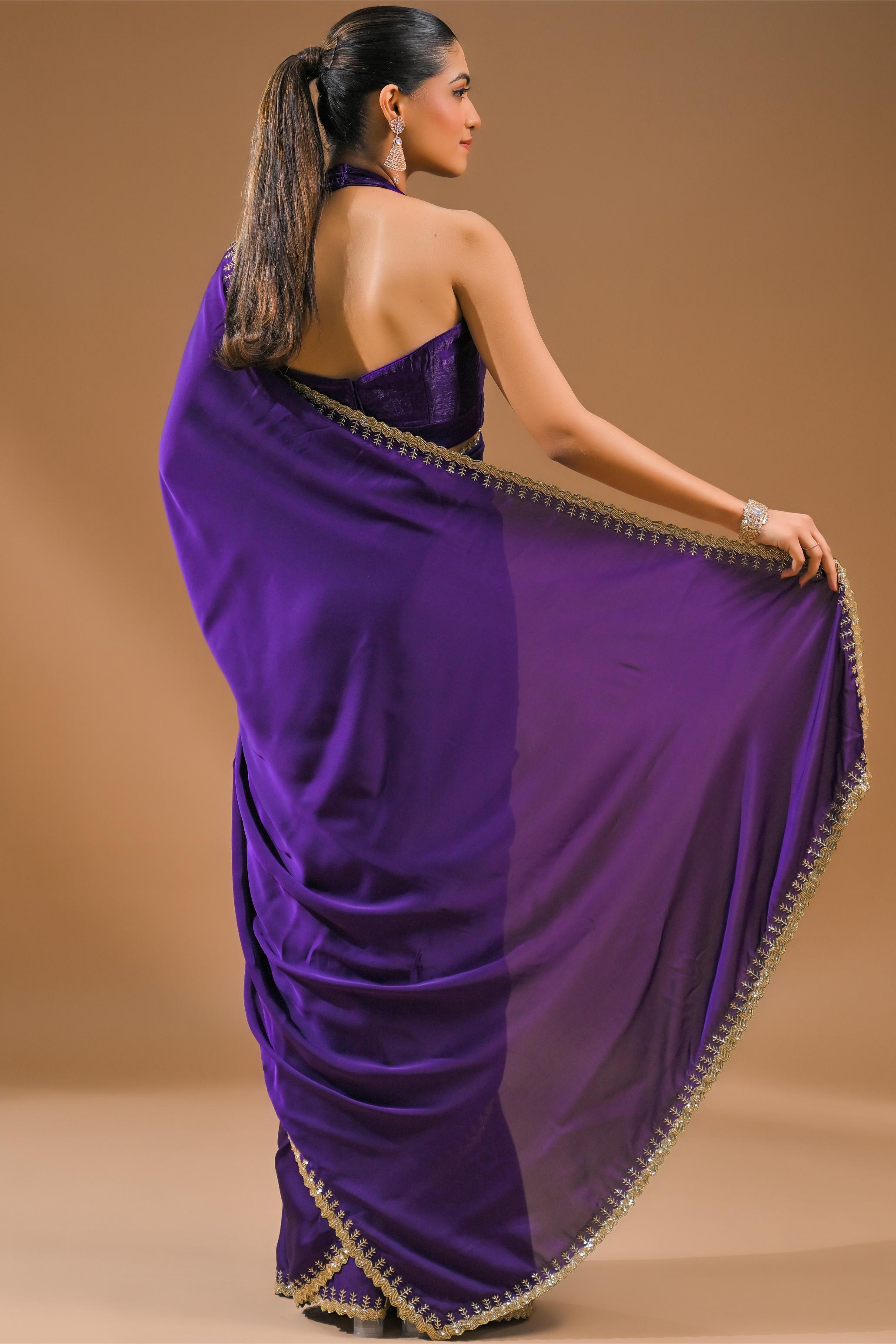 Purple Embellished Satin Silk Saree