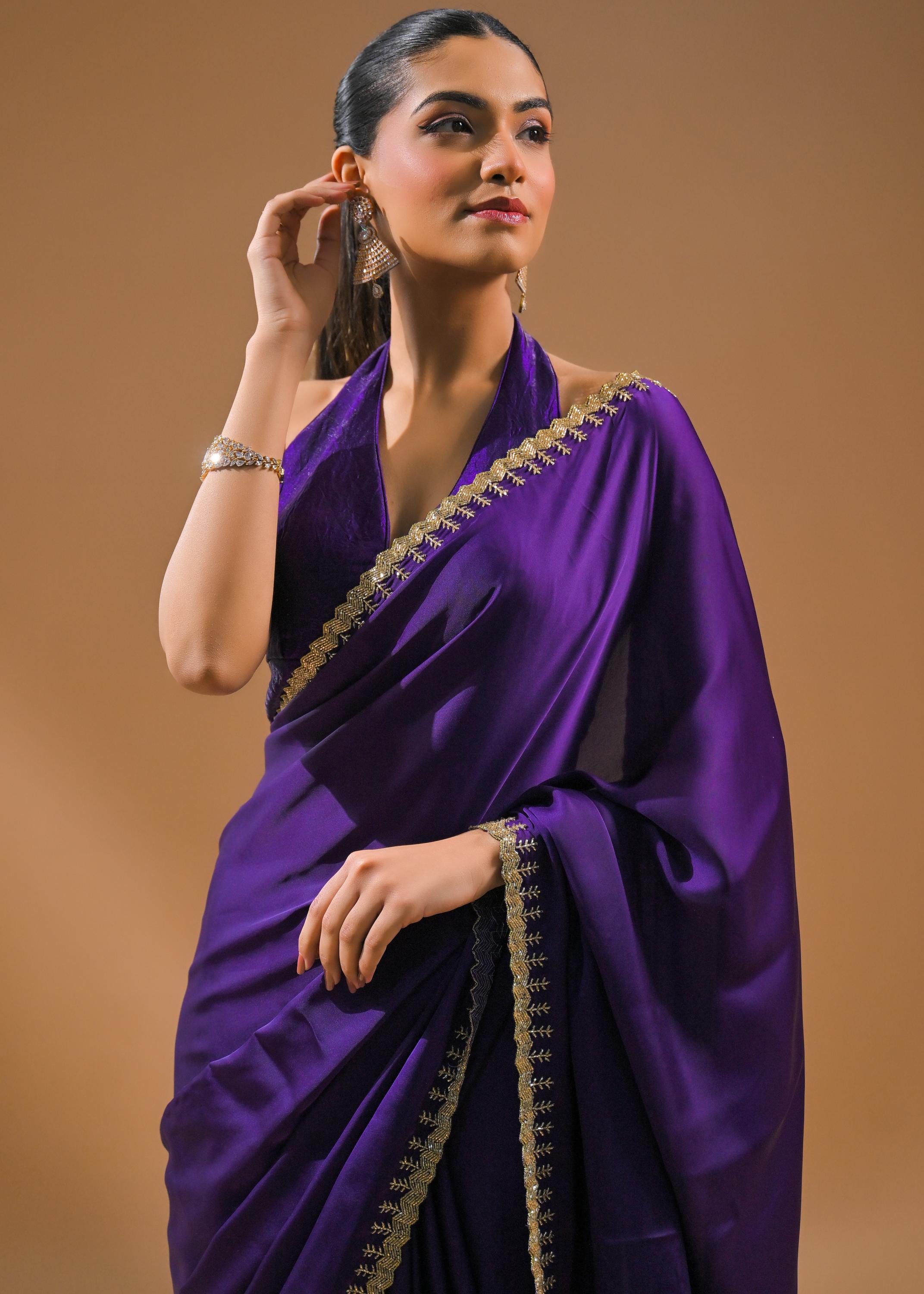 Purple Embellished Satin Silk Saree