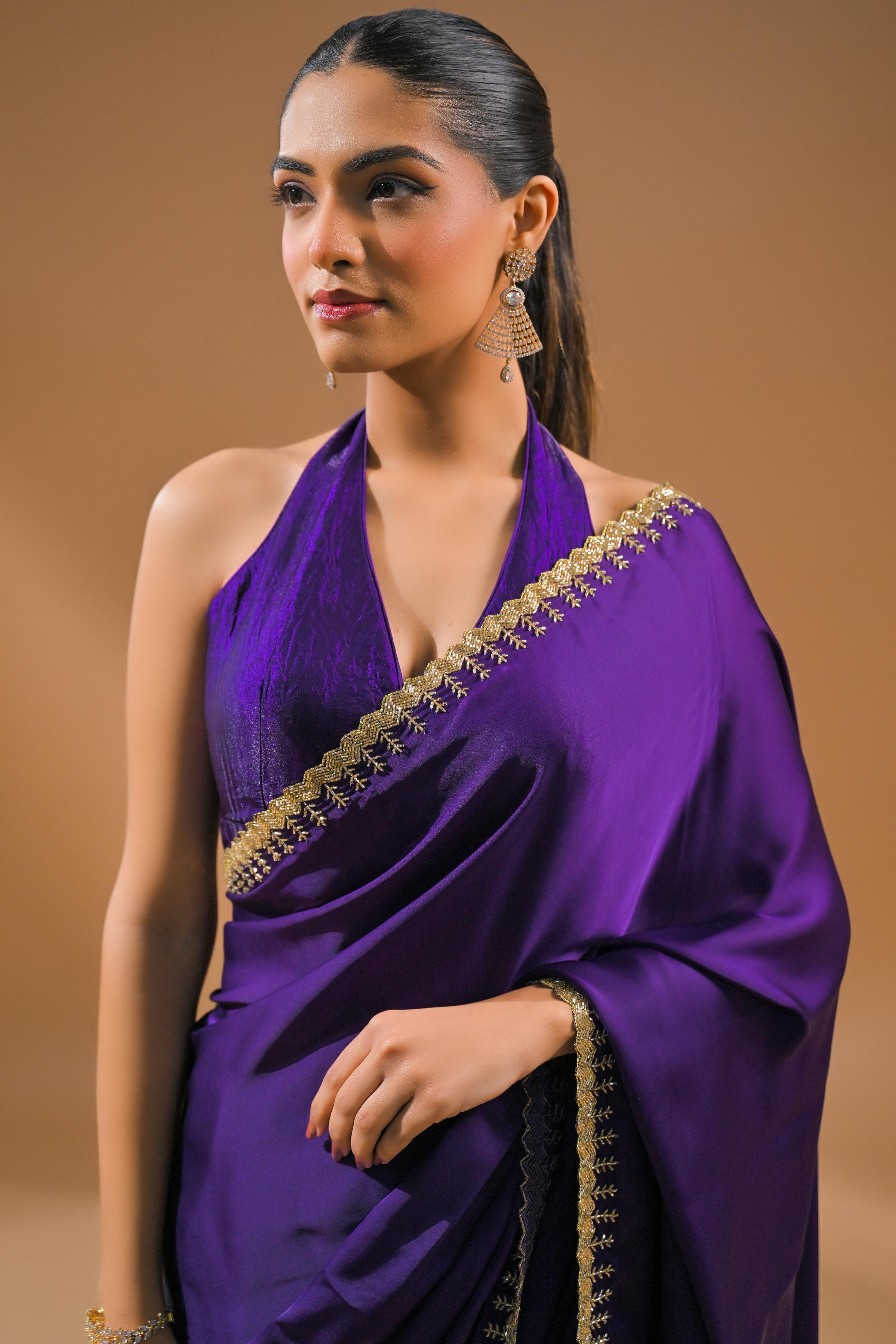 Purple Embellished Satin Silk Saree