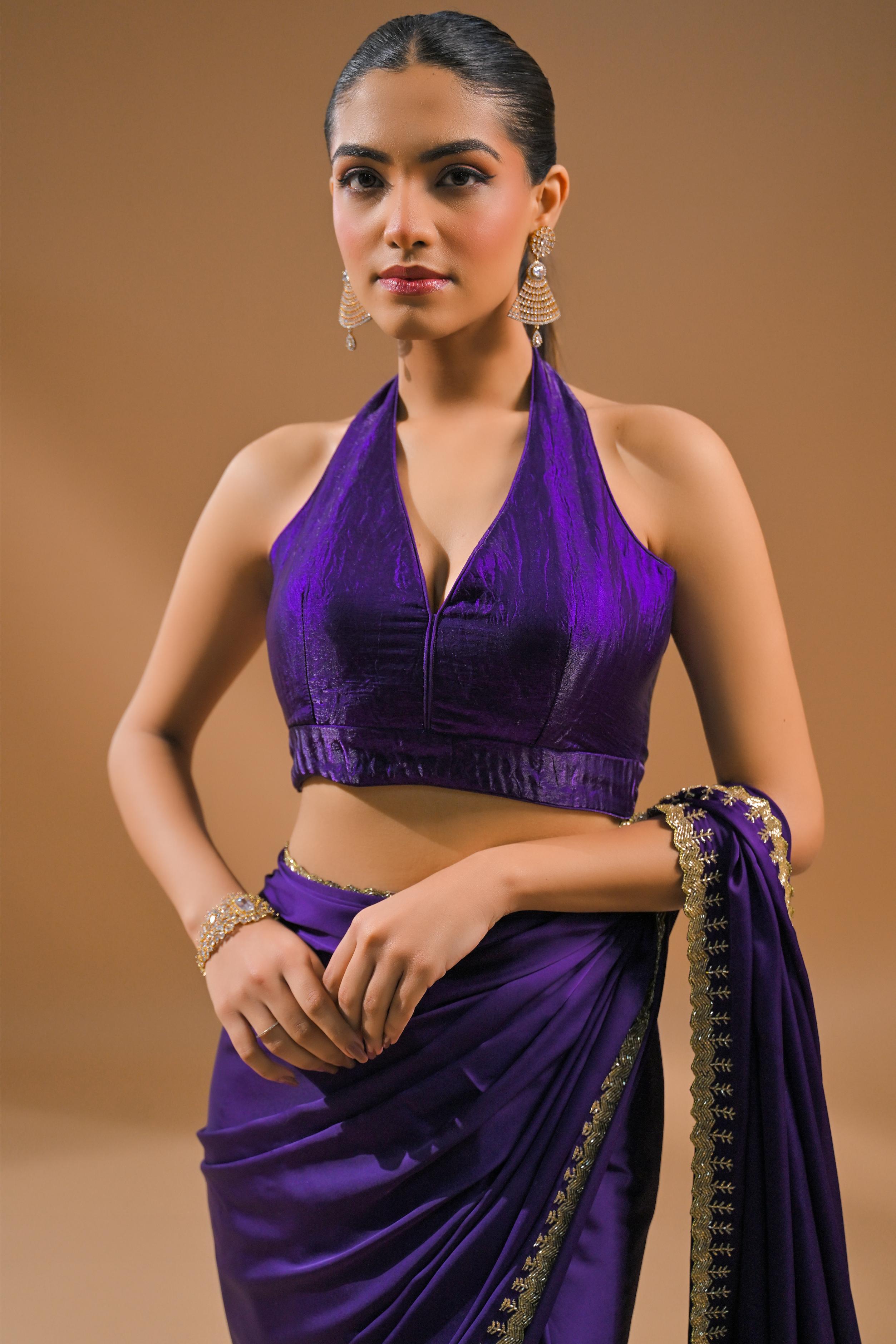Purple Embellished Satin Silk Saree