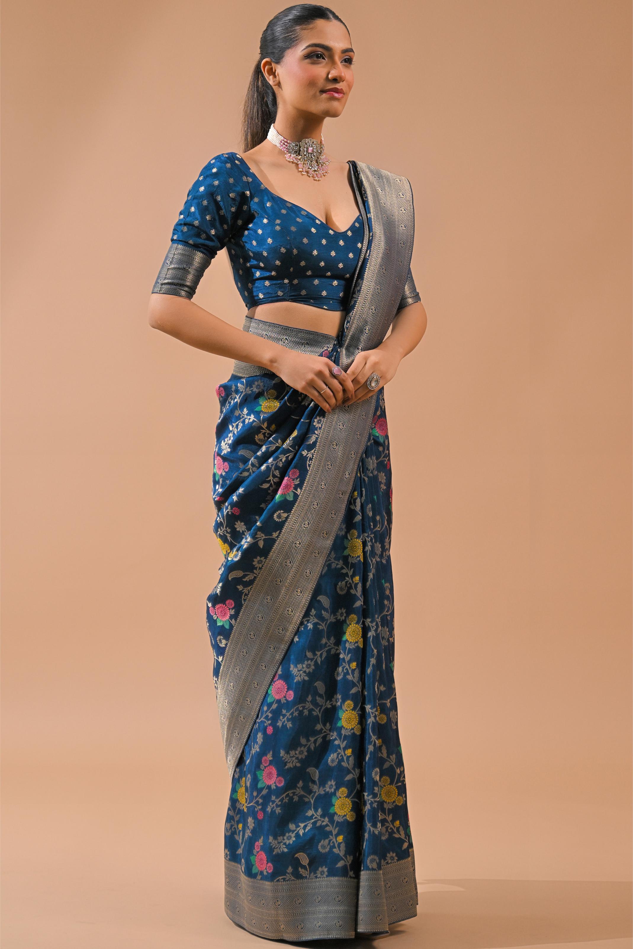 Blue Embroidered Dola Silk Saree