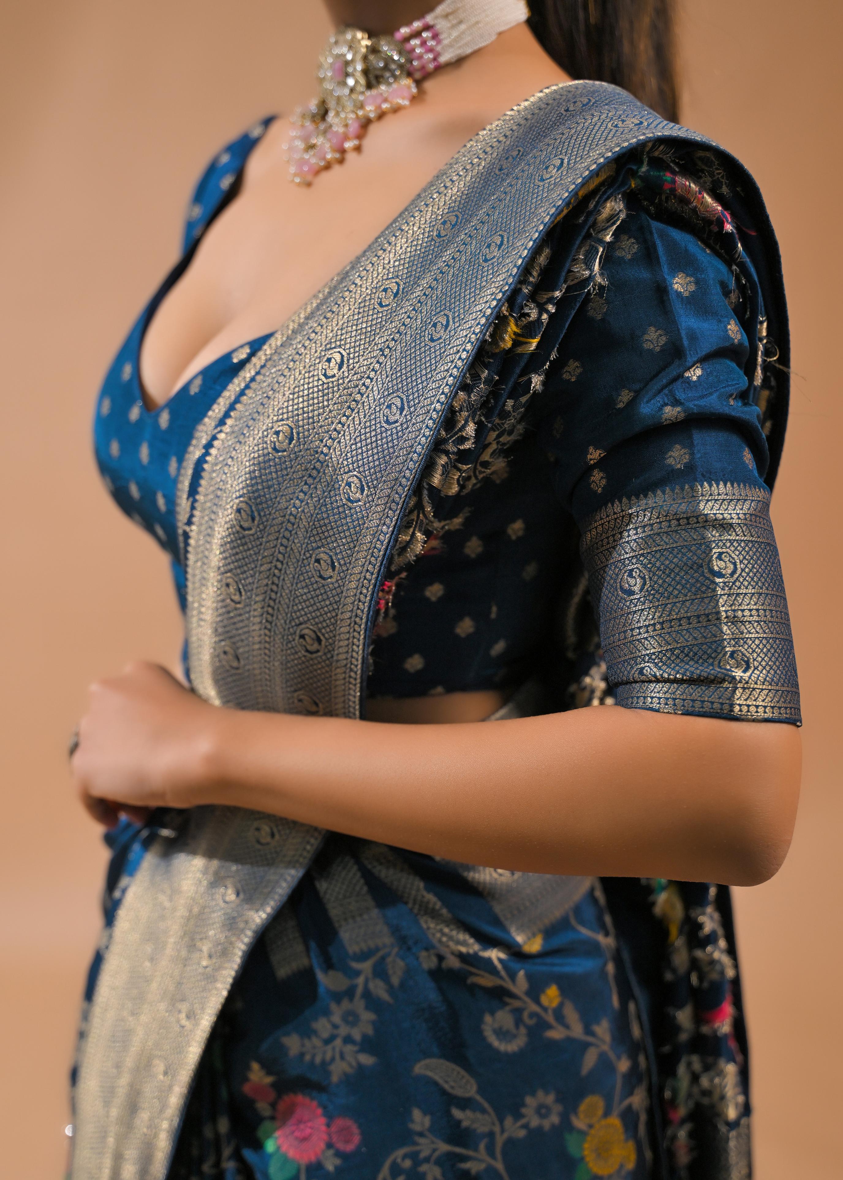 Blue Embroidered Dola Silk Saree
