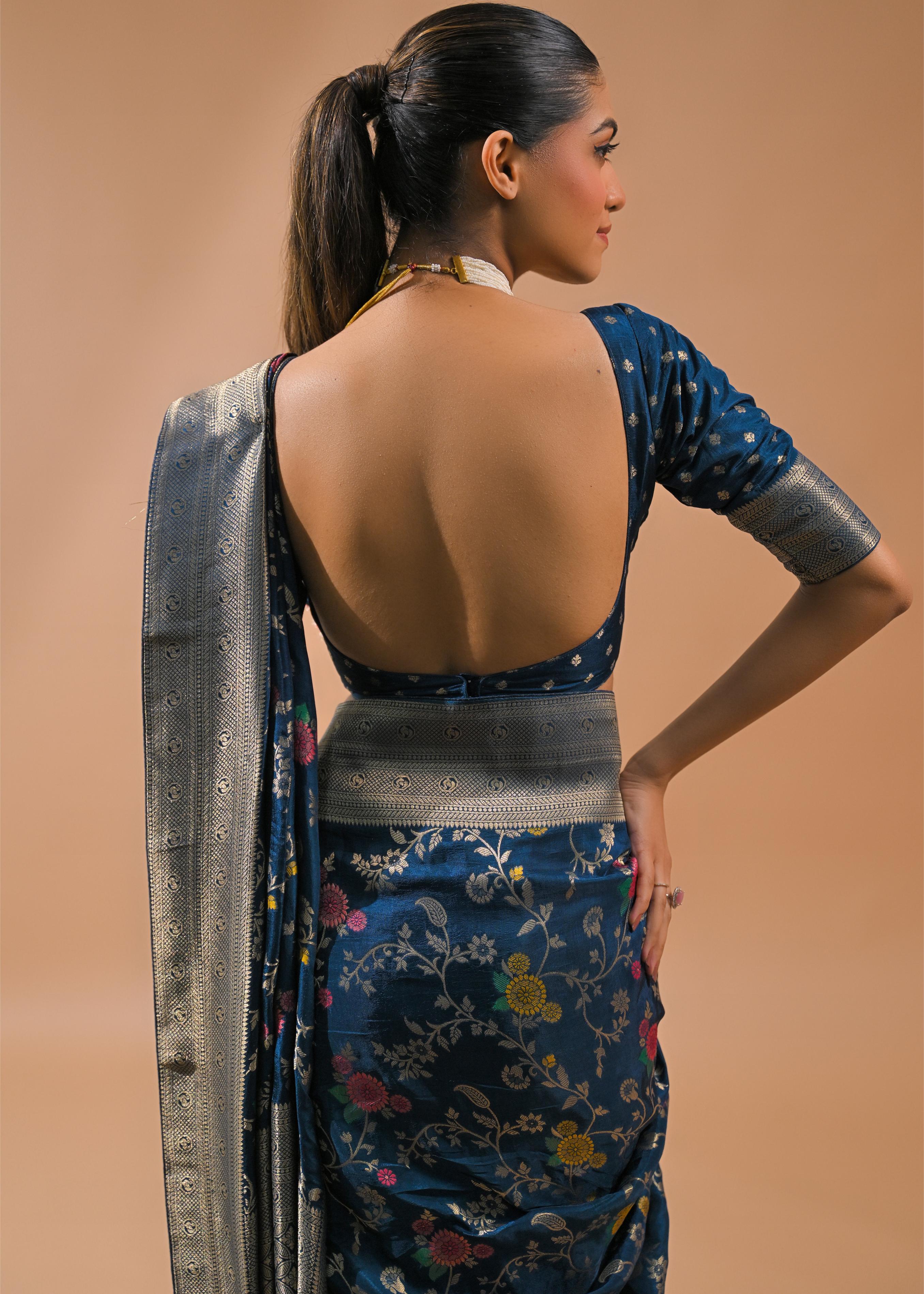 Blue Embroidered Dola Silk Saree