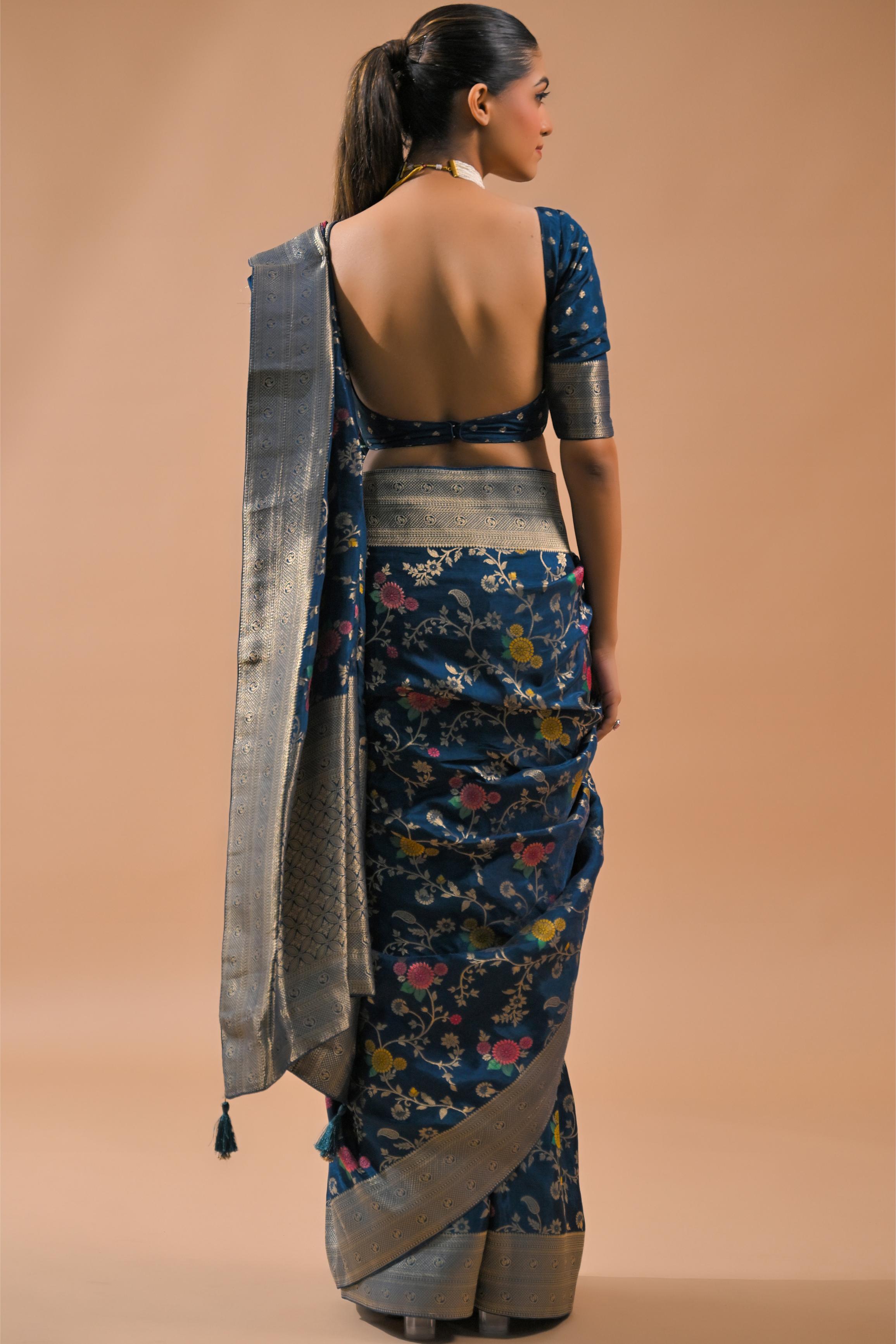 Blue Embroidered Dola Silk Saree
