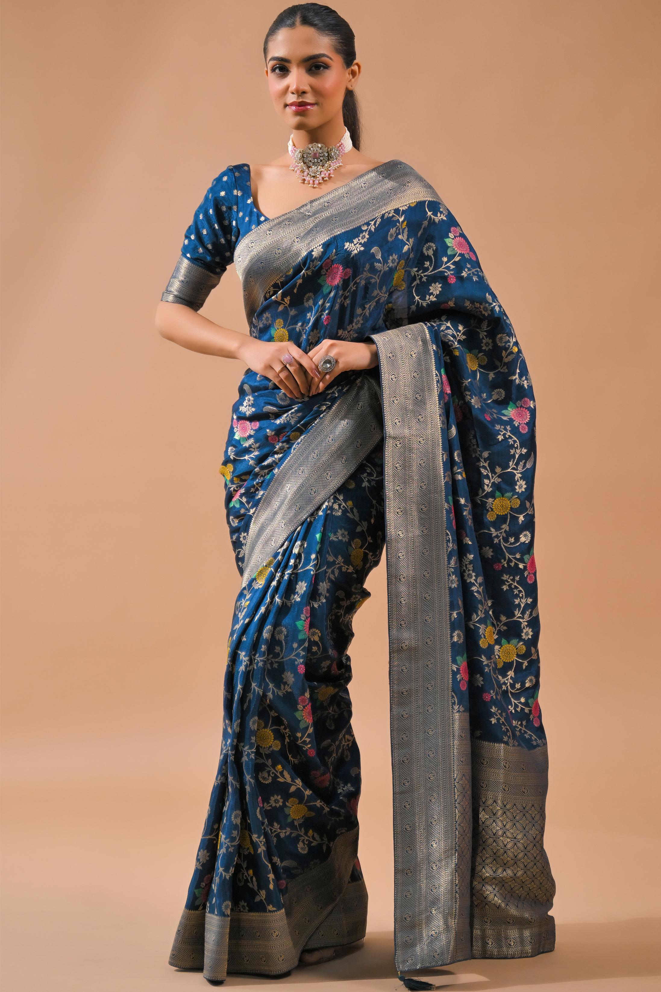 Blue Embroidered Dola Silk Saree