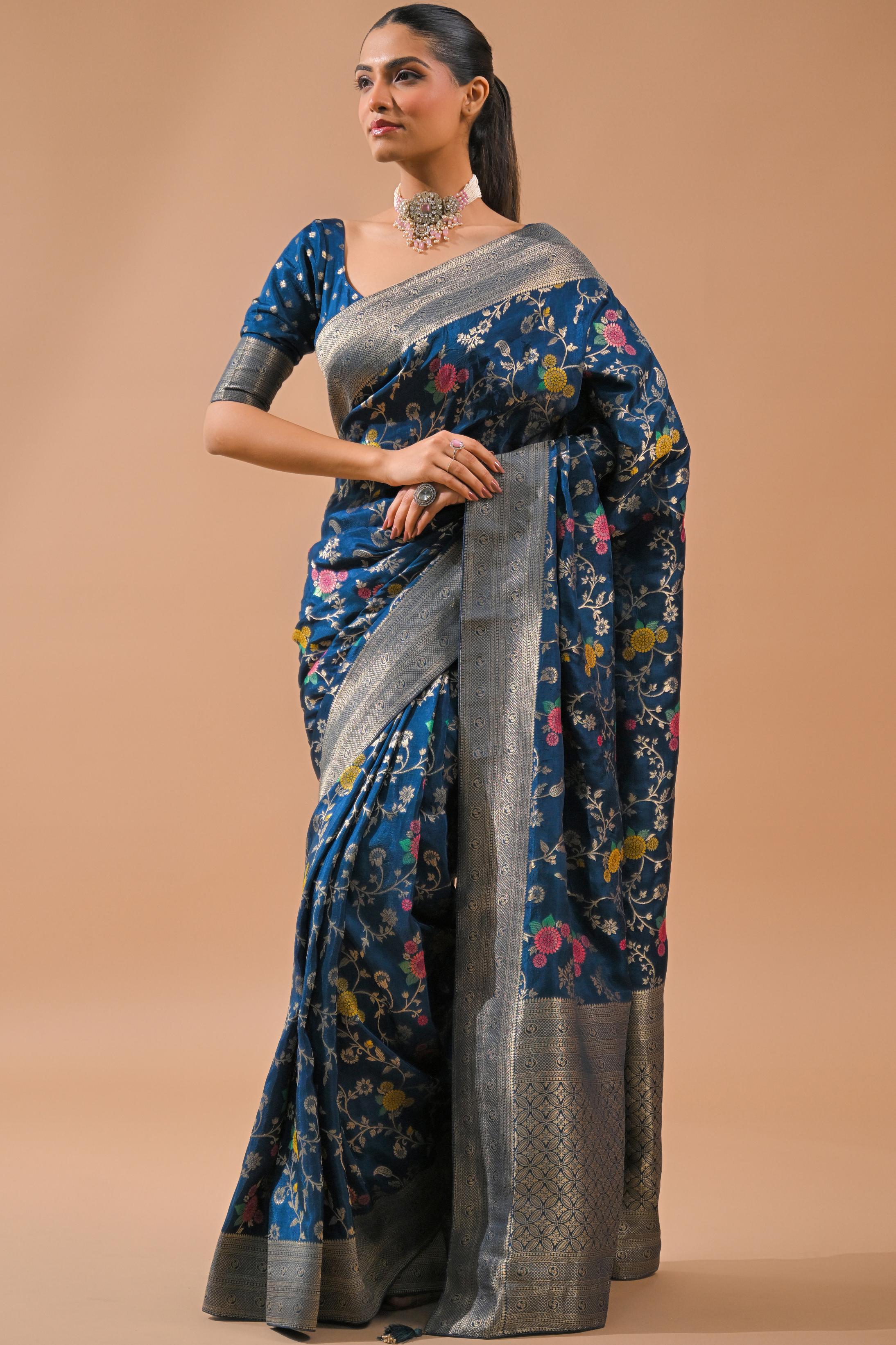 Blue Embroidered Dola Silk Saree