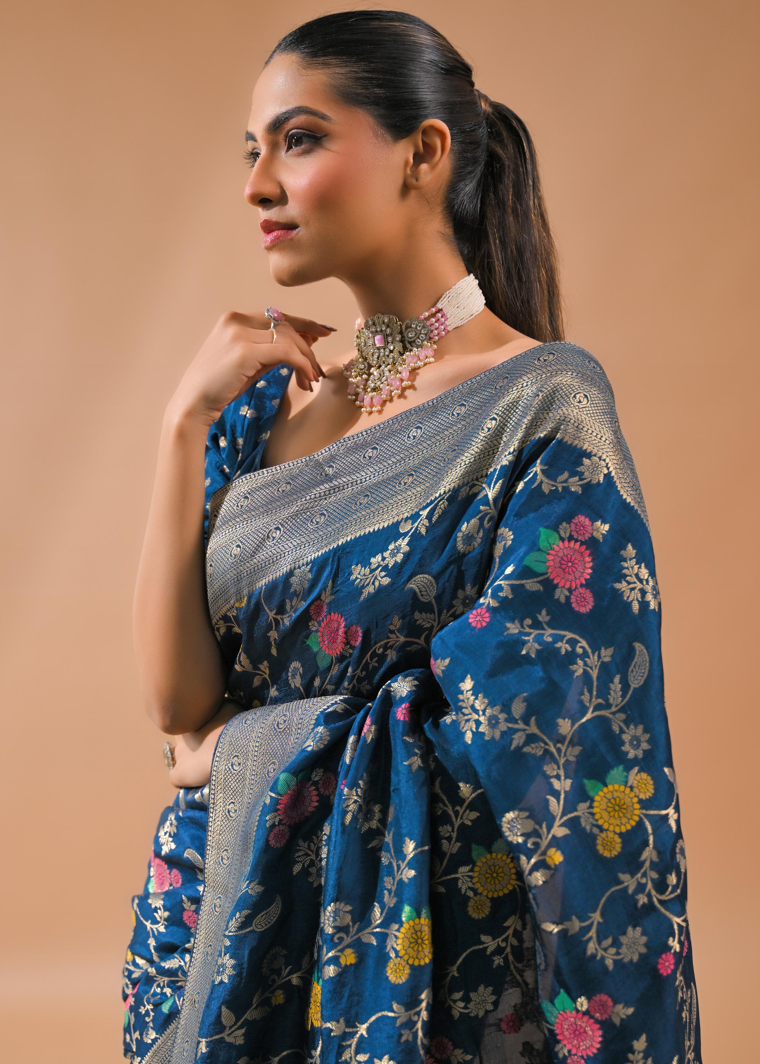 Blue Embroidered Dola Silk Saree